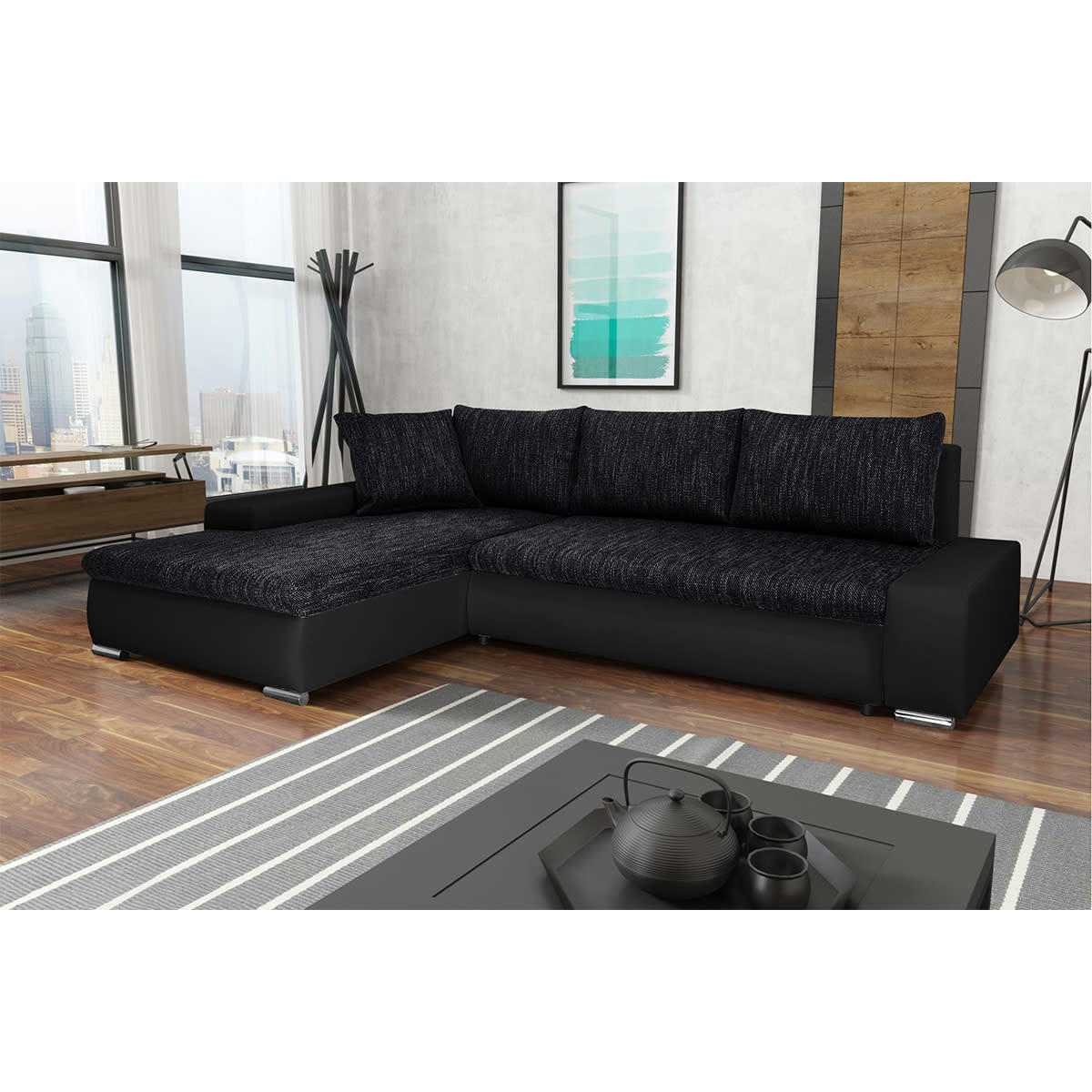 - Canapé d'angle convertible gauche 4 places noir