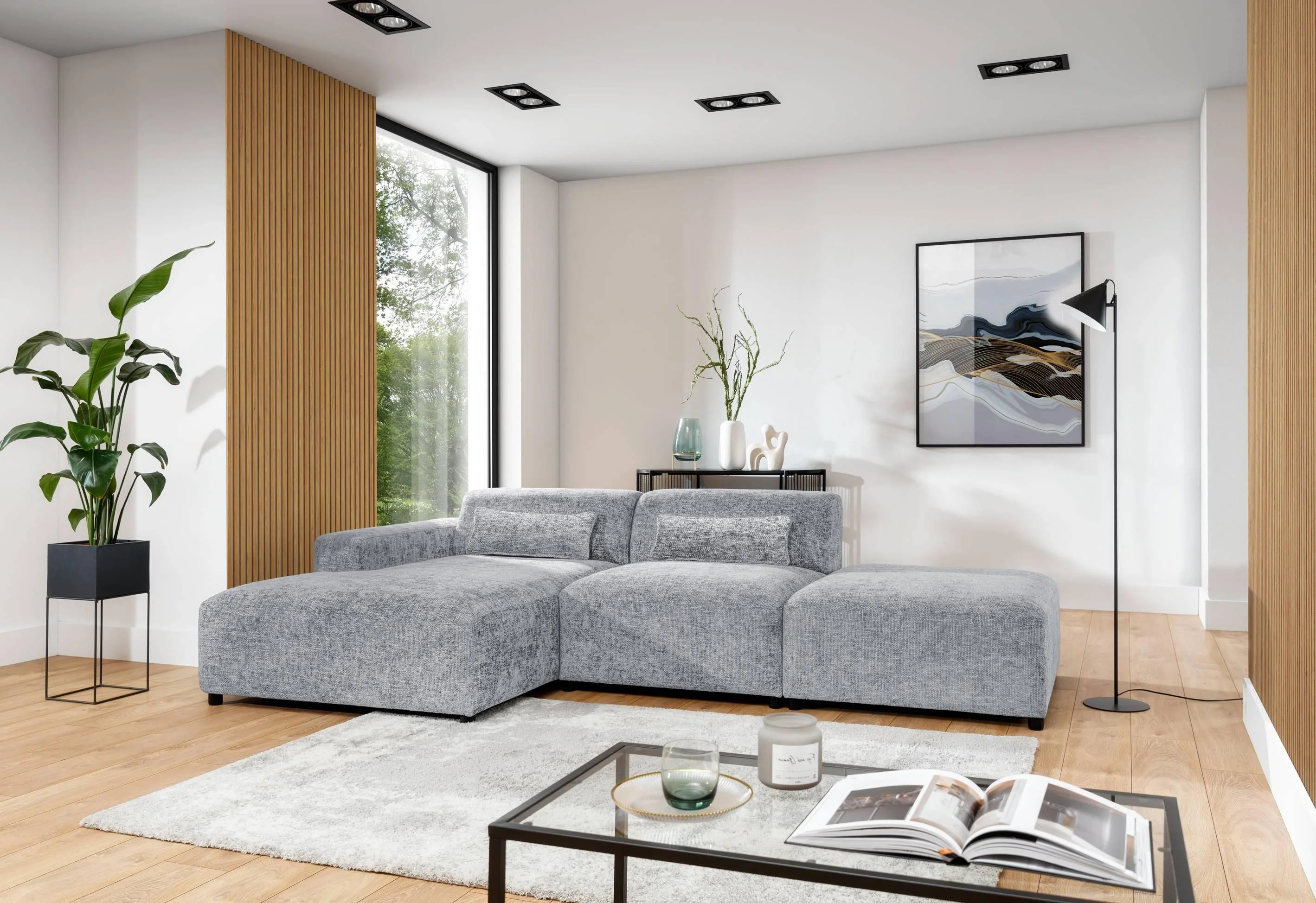 Hoekbank Rizza chenille links met hocker