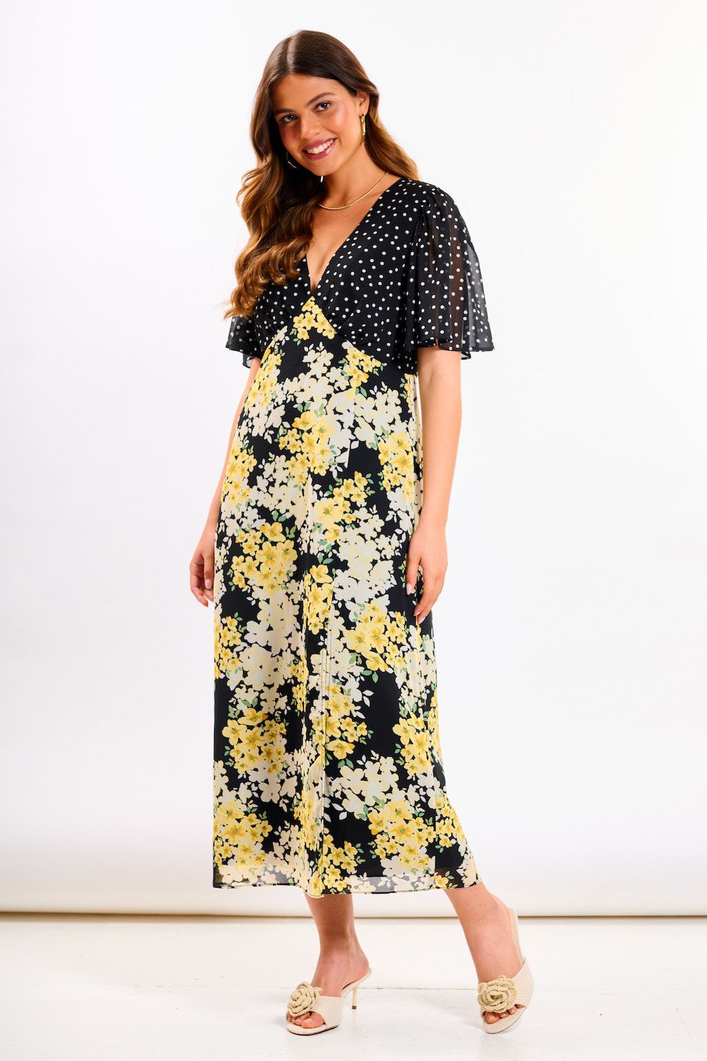 Needs No Label Yellow Floral Flutter Sleeve Midi Dress