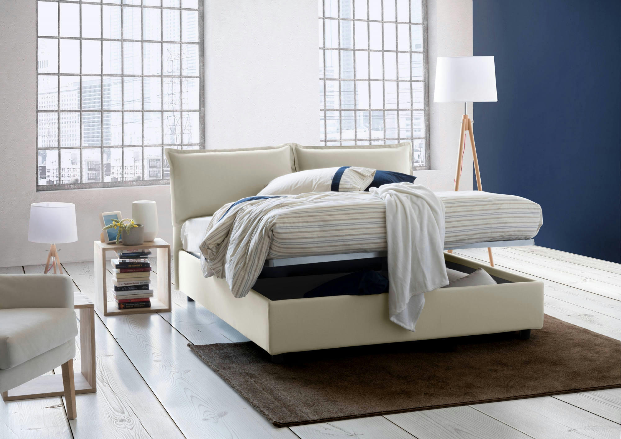 DMELOTT - Lit coffre 140x190 cm en tissu crème