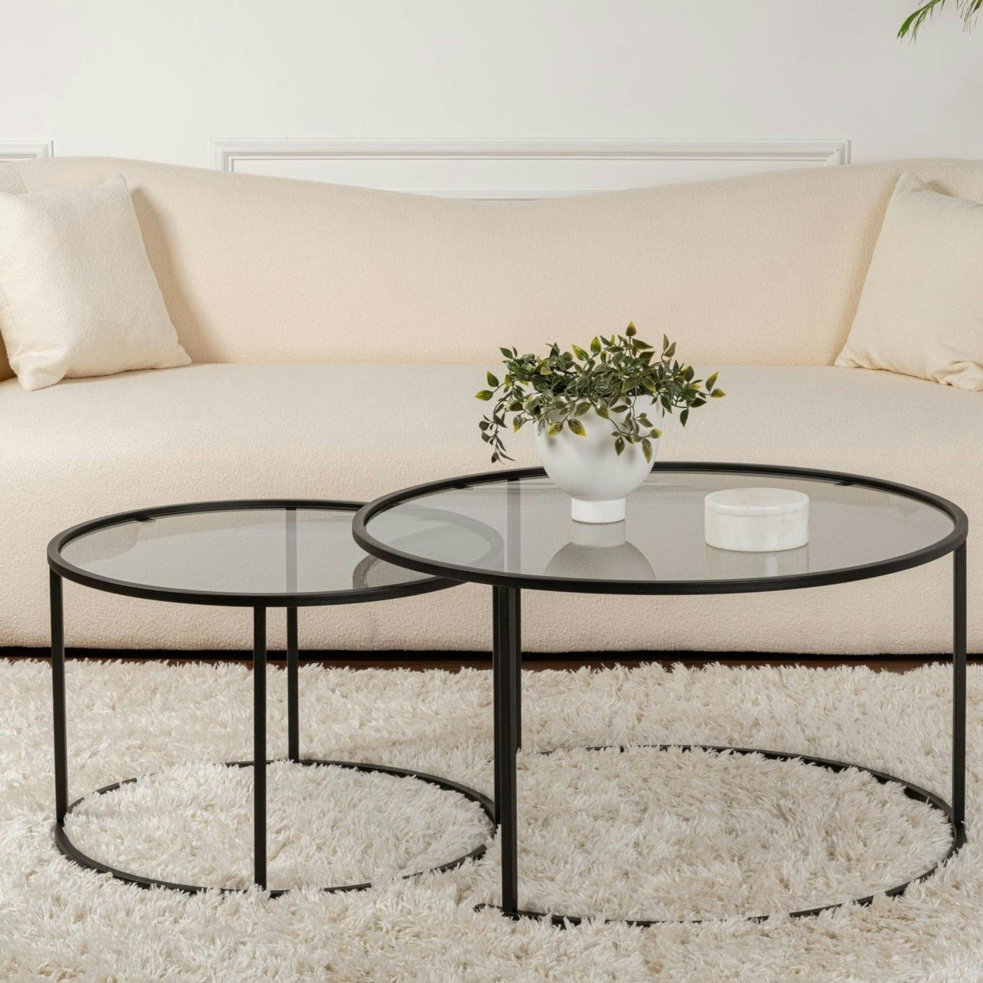 Table gigogne verre fumé - cadre noir (lot de 2) ⌀80 cm TULUM