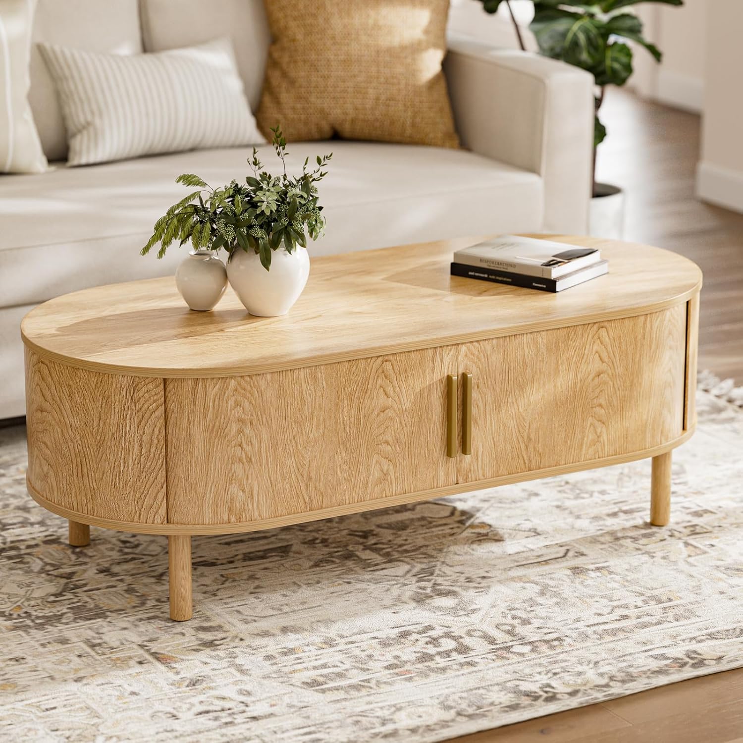 ZttRiee Coffee Table for Living Room, Modern Oval Coffee Table with Cabinets & Sliding Doors, Home Small Space, 47.2 Fluted Center Table, Natual