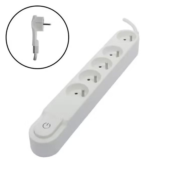 CHACON Bloc multiprise 5 prises 16 A avec interrupteur, fiche plate, cable 1,5 m HO5VV-F 3x1,5 mm2 blanc