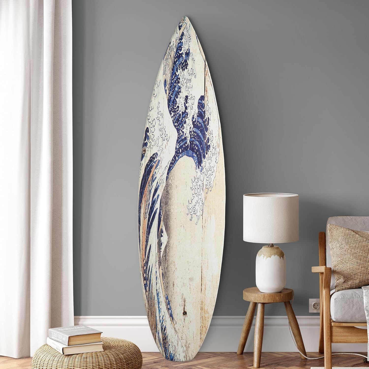 American Art Decor Surfboard Plaque Wall Sign - Beach House Wall Art - Large Tropical/Coastal Home Decor for Living Room, Bedroom, Bathroom, Patio, or Bar (The Great Wave off Kanagawa Wood, 60x15)