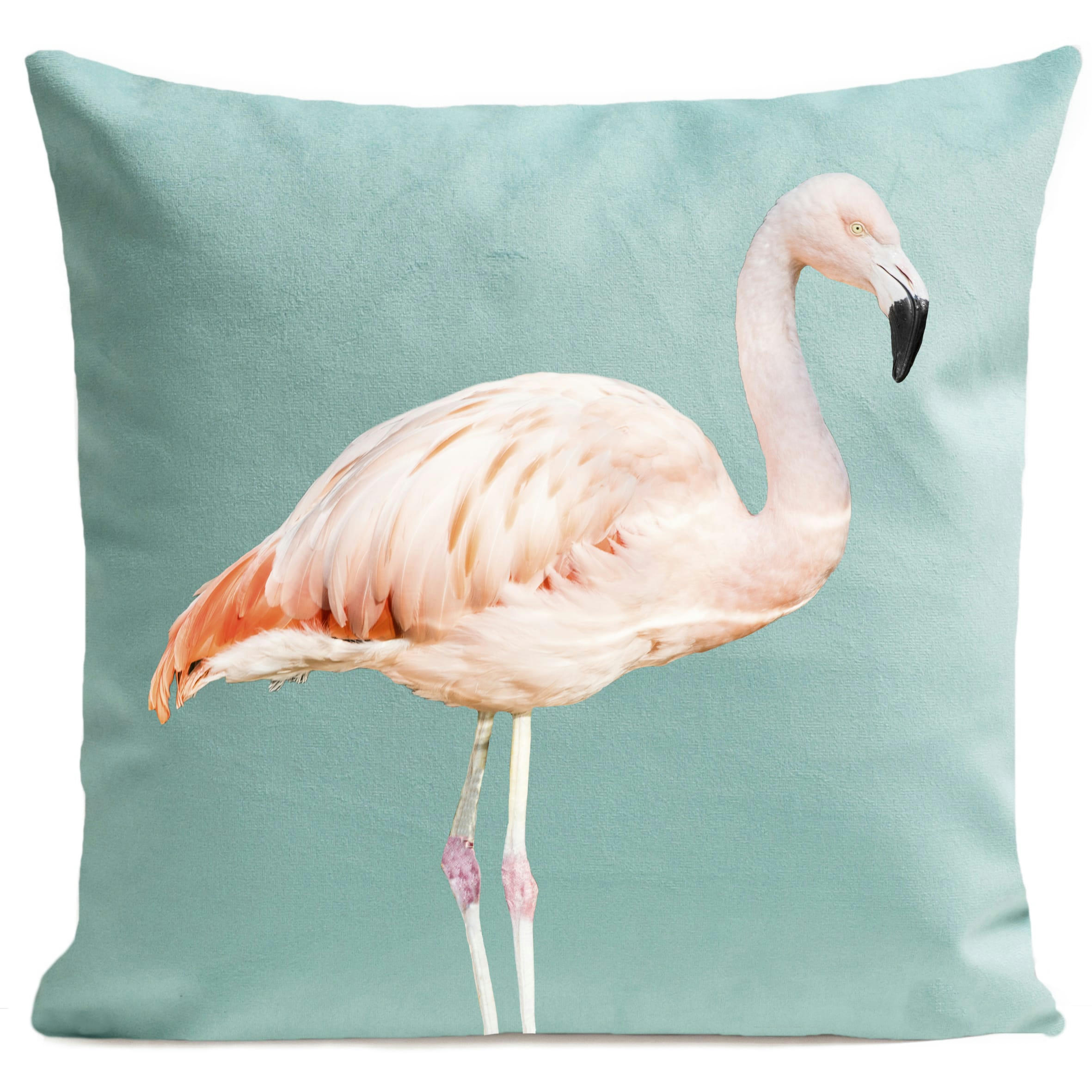 - Coussin tropical flamant rose suédine bleu 40x40cm