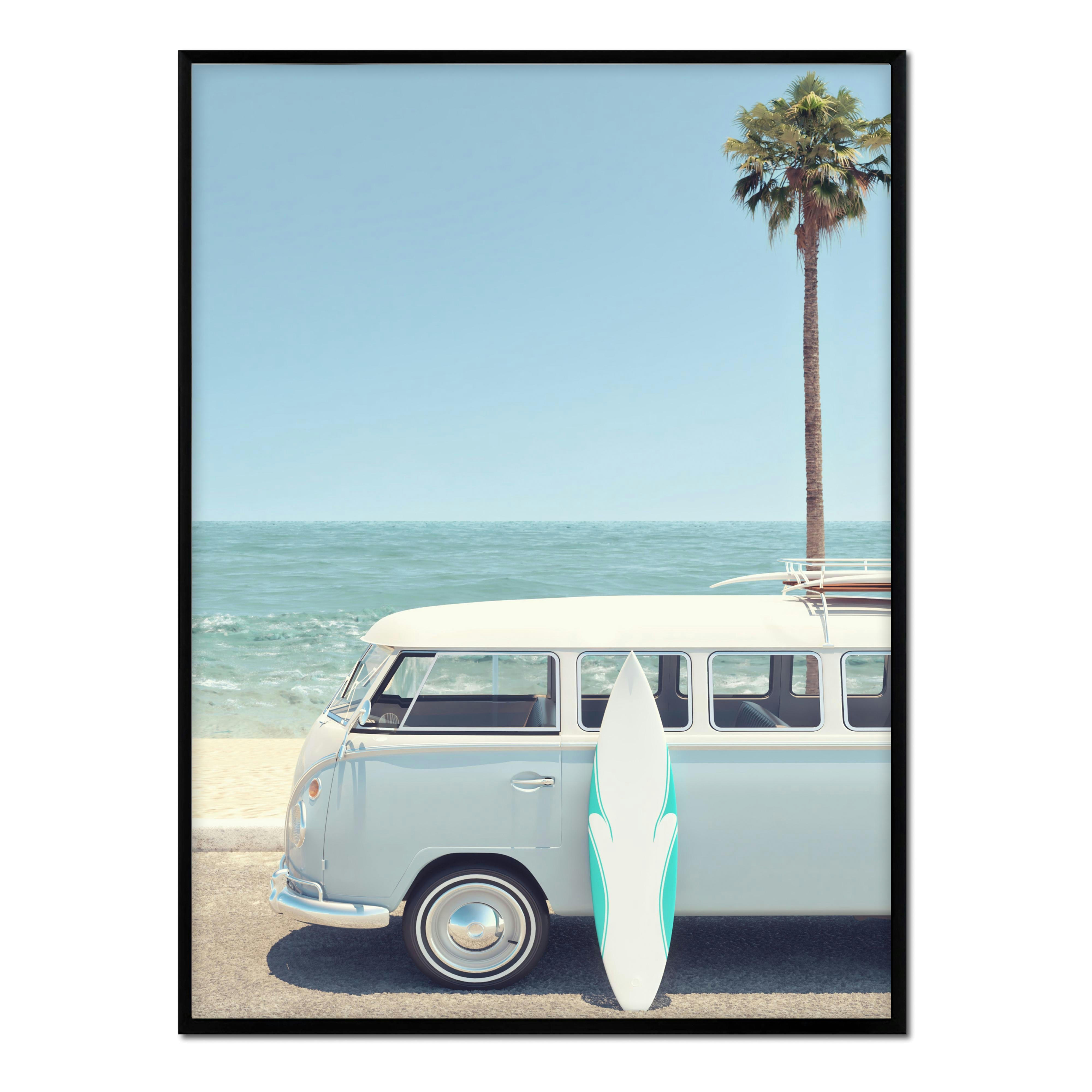 PLAYA - Affiche avec cadre noir - Caravane bleue - 50x70