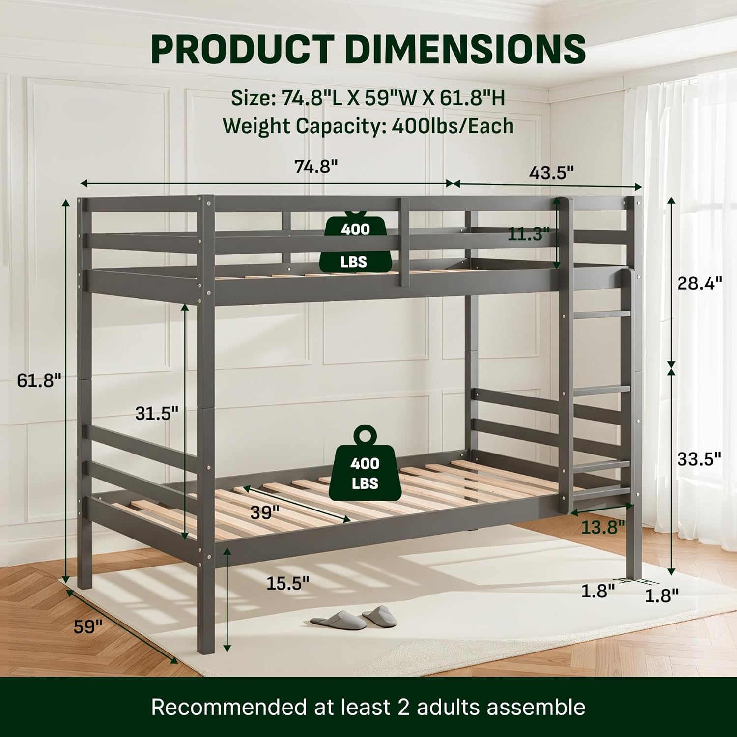 Full Over Full Bunk Bed with Ladder, Solid Wood Bunk Bed with High Guardrail and Ladder for Kids, Teens, Dorm Rooms, and Guest Rooms, No Box Spring Needed, Grey