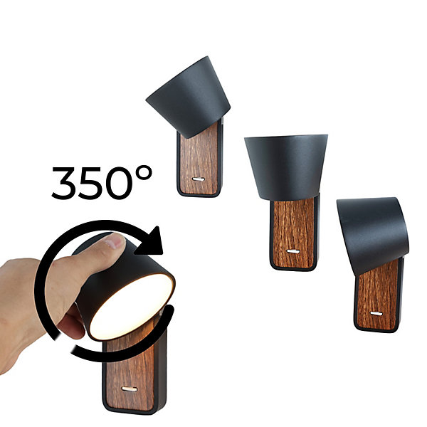 Applique Murale avec Projecteur LED 6W Orientable et Interrupteur Métal Noir et Bois pour Table de Nuit - Idéal pour Cha