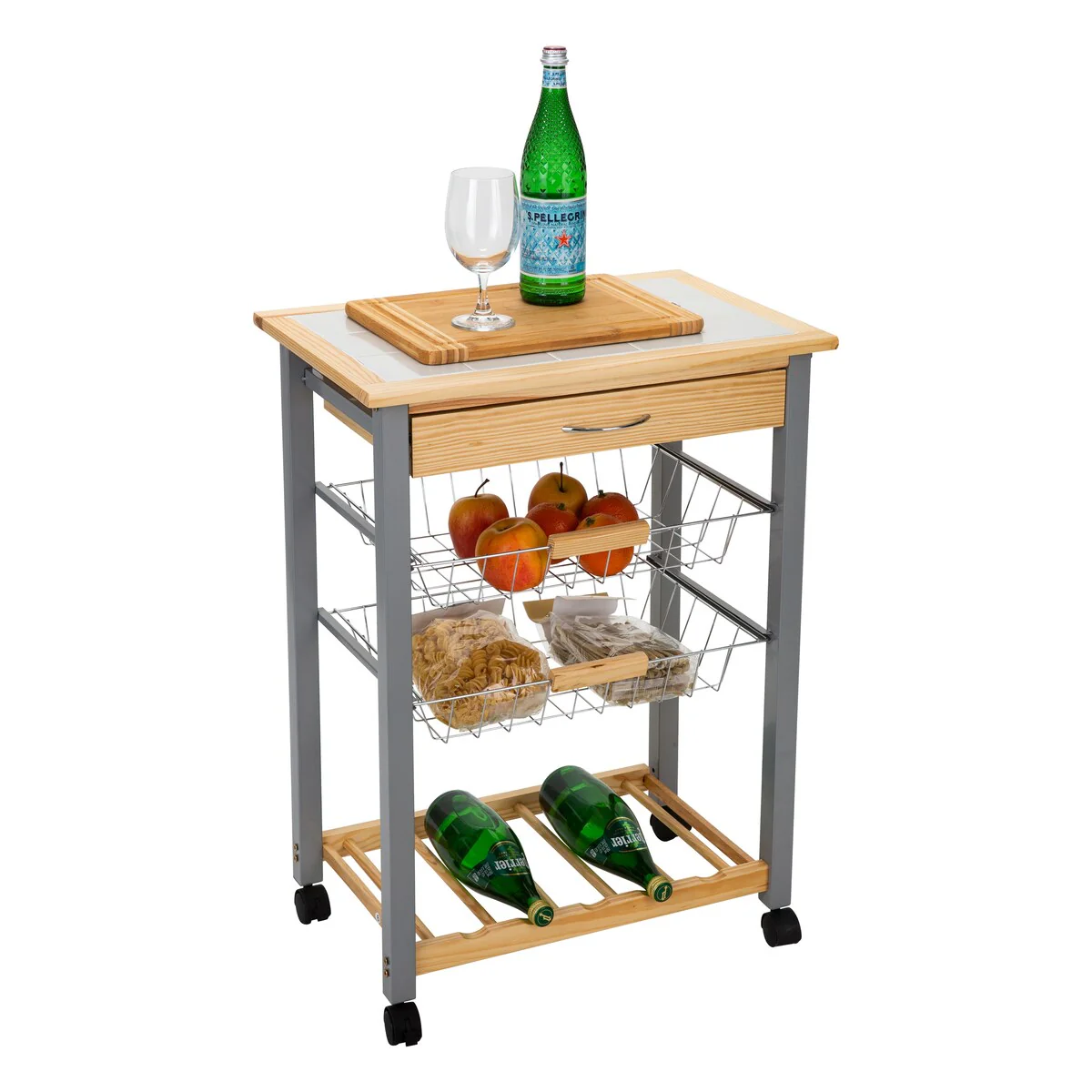 Organize It All Rolling Kitchen Cart with Wine Rack - 22.50 x 14.50 x 30.00