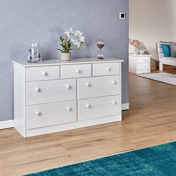 Commode en pin RONDO, 3 4 tiroirs lasuré blanc
