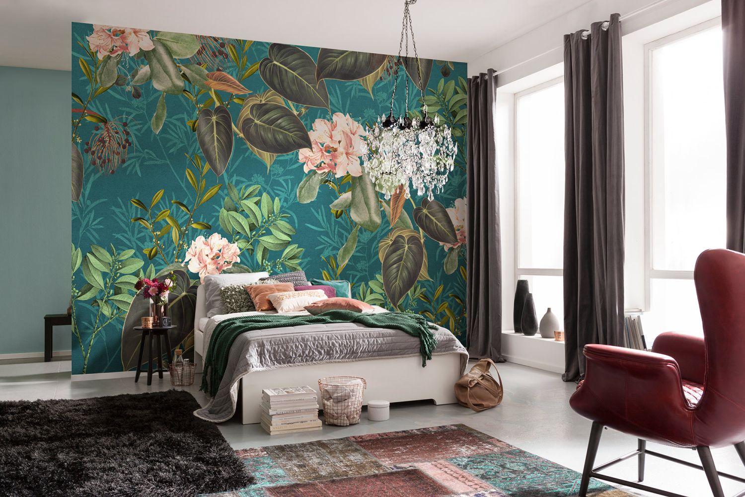 Komar fotobehang bloemen blauw, groen en roze - 350 x 250 cm - 611644