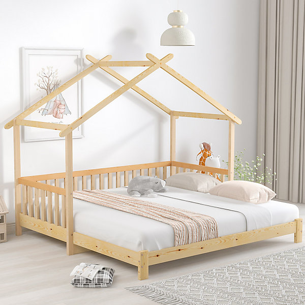 Lit cabane 90x200 cm - Lit extensible avec grille et sommier à lattes - Pin - Sans matelas - Naturel