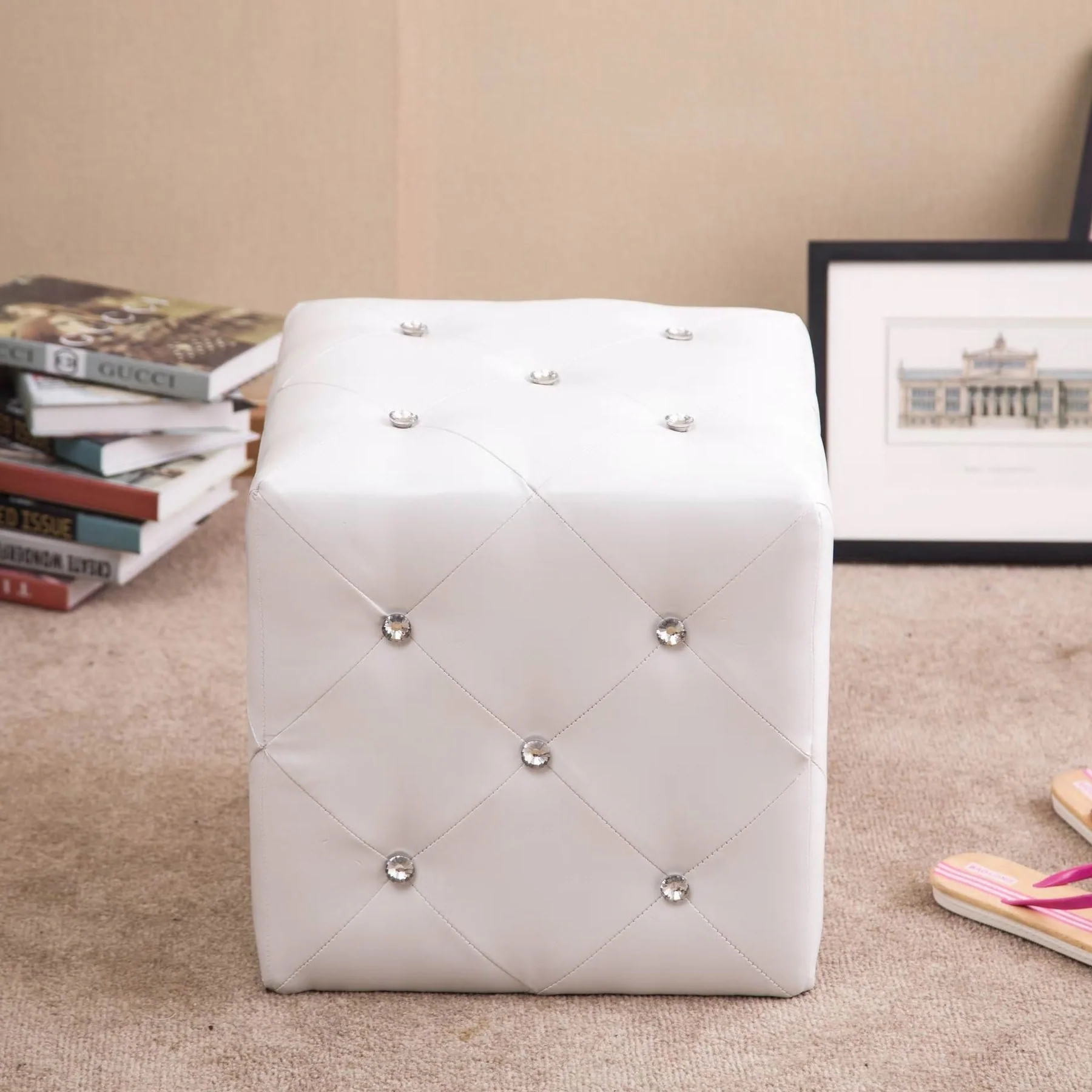 Forza White Cubed Ottoman Stool with Crystal Accents