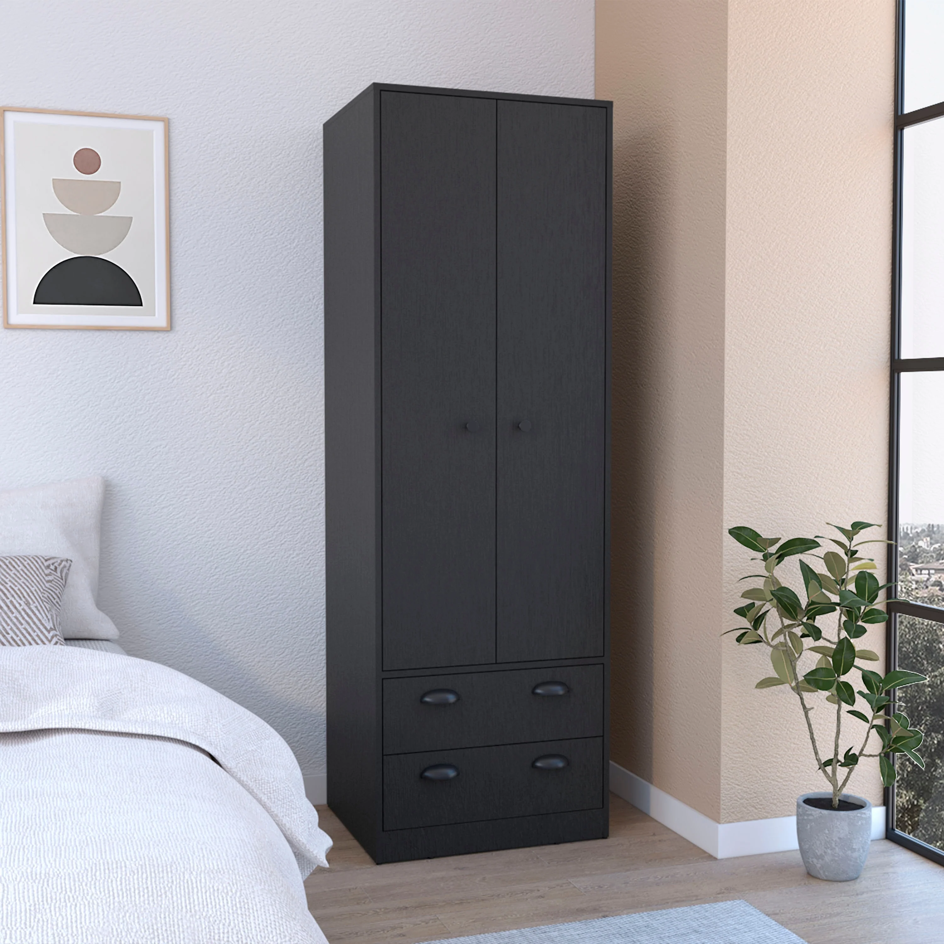 23.3 Modern Double-door Armoire with Two Spacious Drawers and Hanging Rod for Bedroom