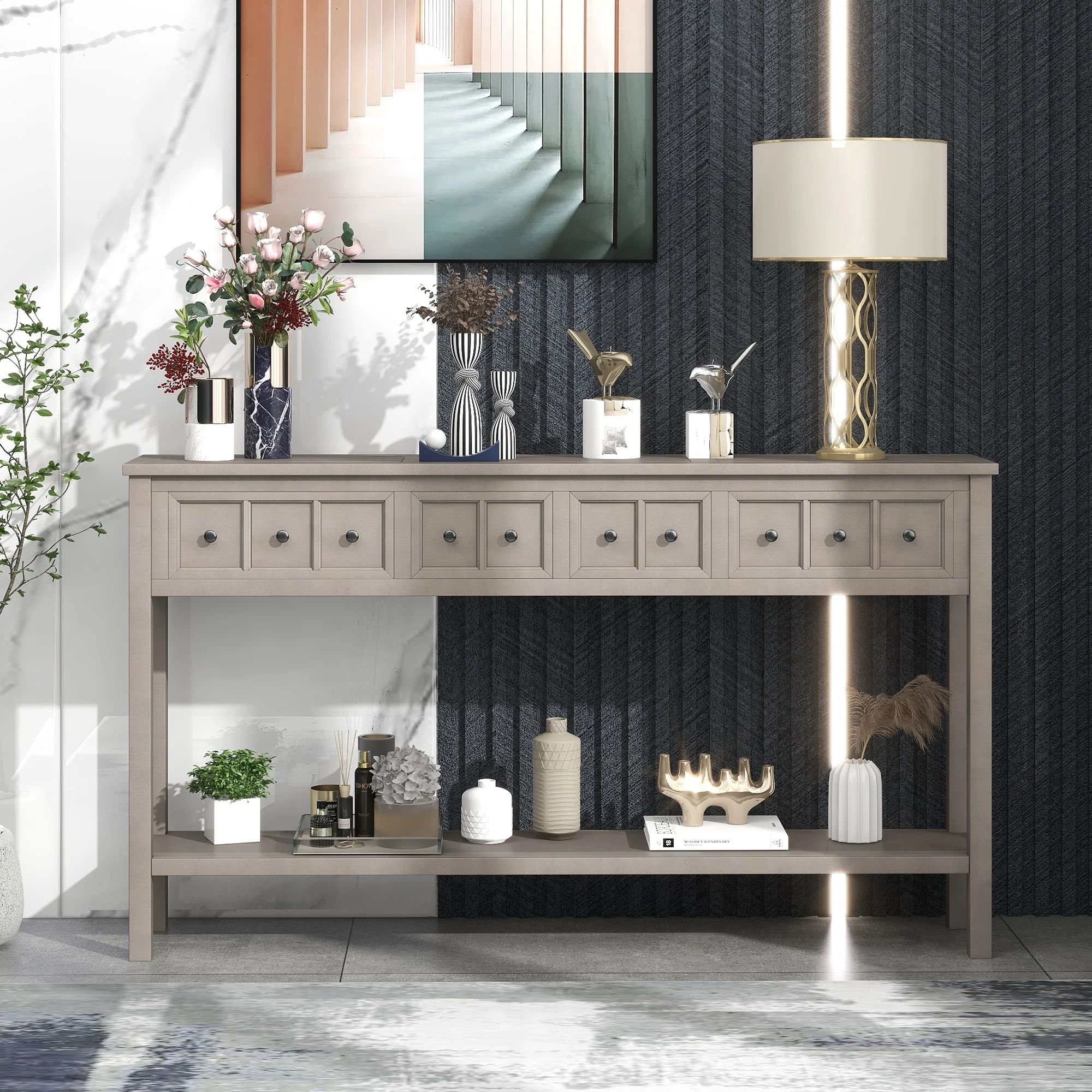 Console Table with 2 Small Drawers, 2 Large Drawers, and Bottom Storage Shelf for Home Entryway and Hotel