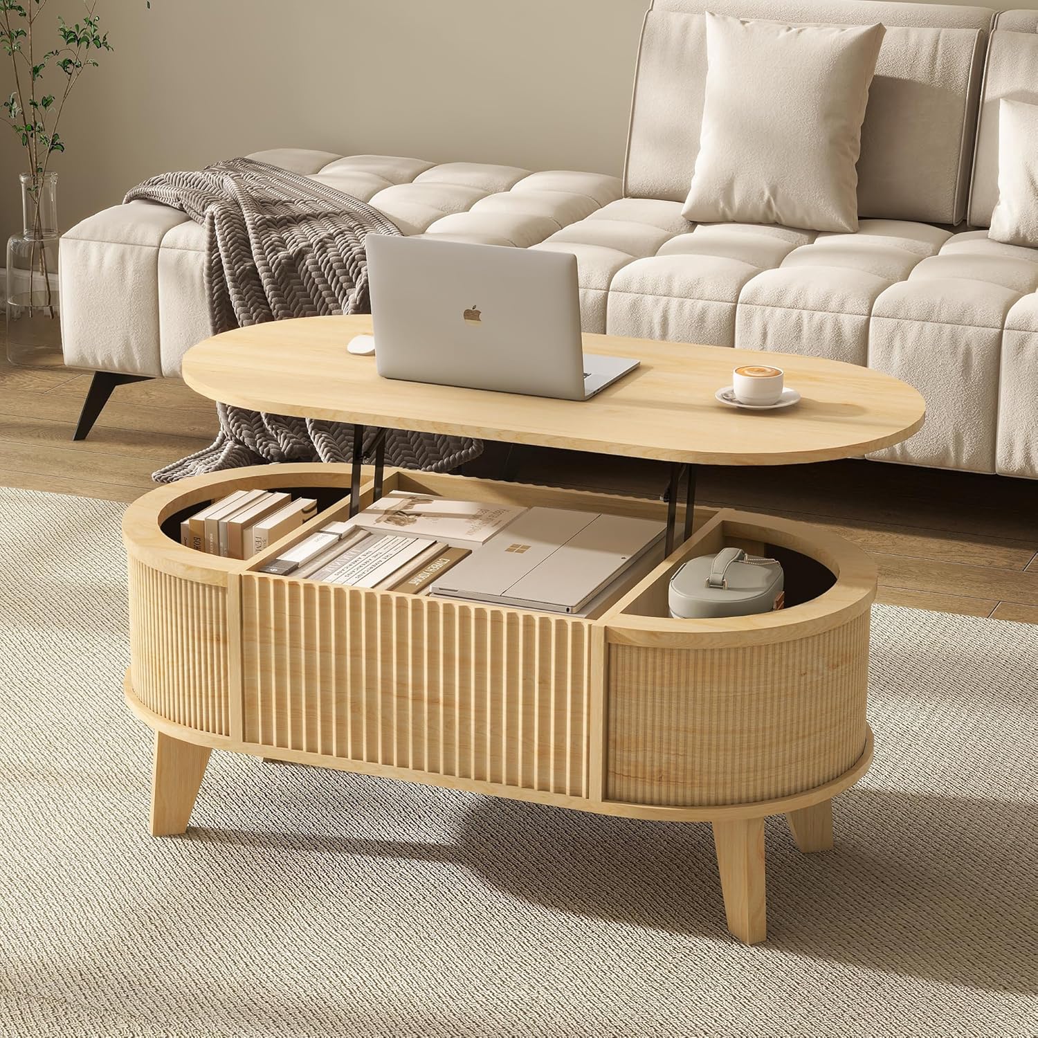 LYNCOHOME Fluted Lift Top Coffee Table with Storage,Modern Oval Coffee Table for Living Room Or Home Office（Natural）