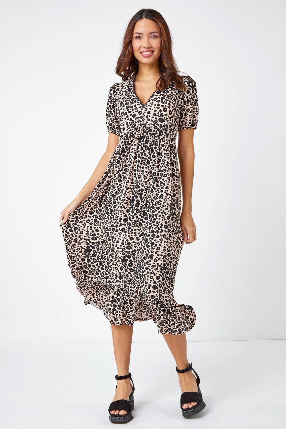 Roman Leopard Print Lace Trim Midi Dress