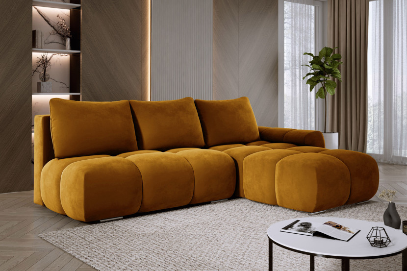 Nowoczesna sofa narożna rozkładana ALFERIA żółty welur pojemnik prawa