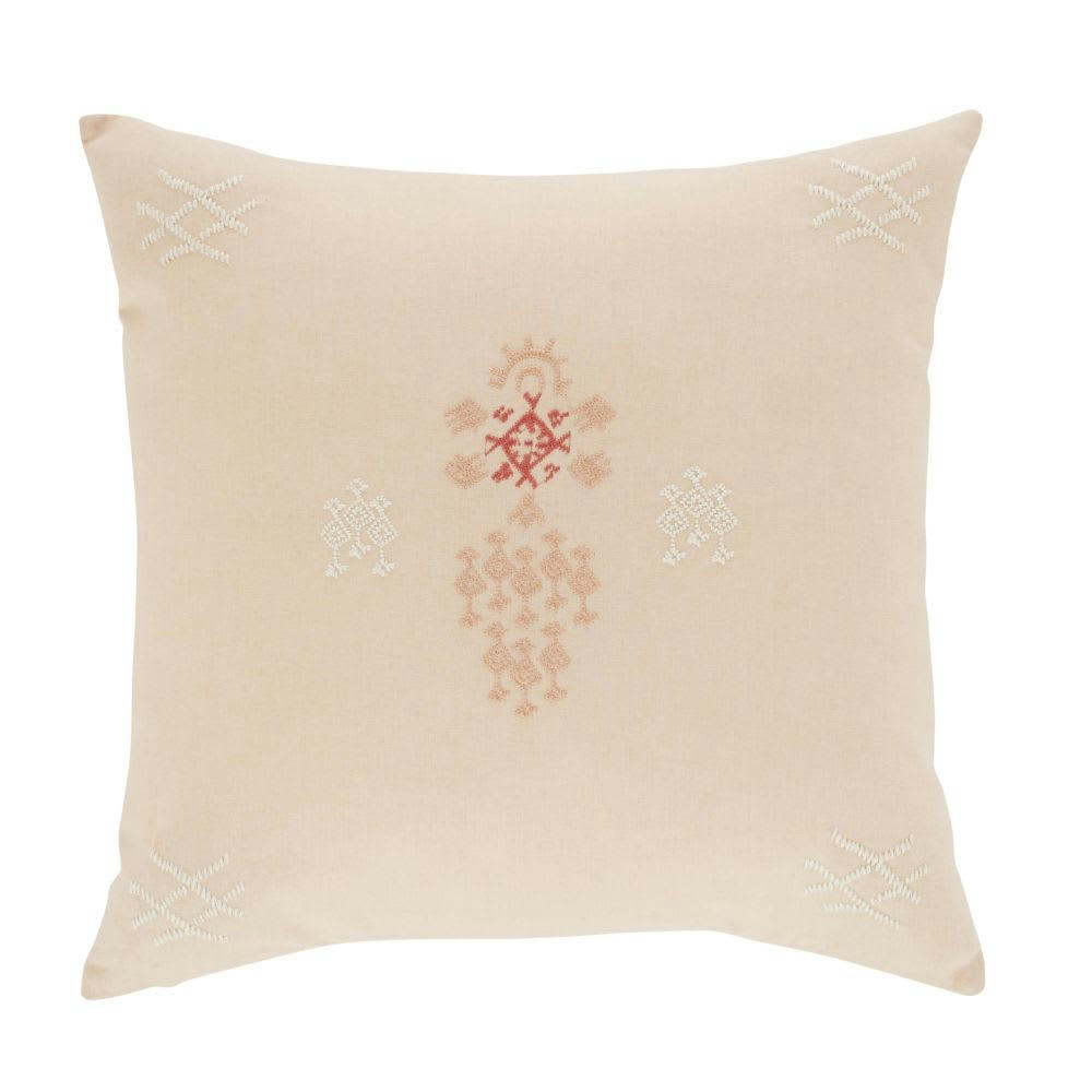 ATTAIF - Coussin en coton broderie rose 45x45