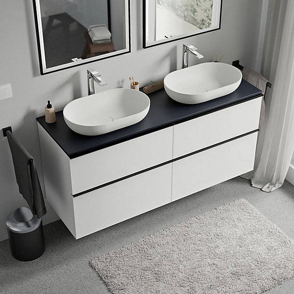Meuble sous vasque suspendu MDF Blanc mat, plan vasque Bleu nuit mat, poignée Noir mat - 140x46x62cm - LAVOA