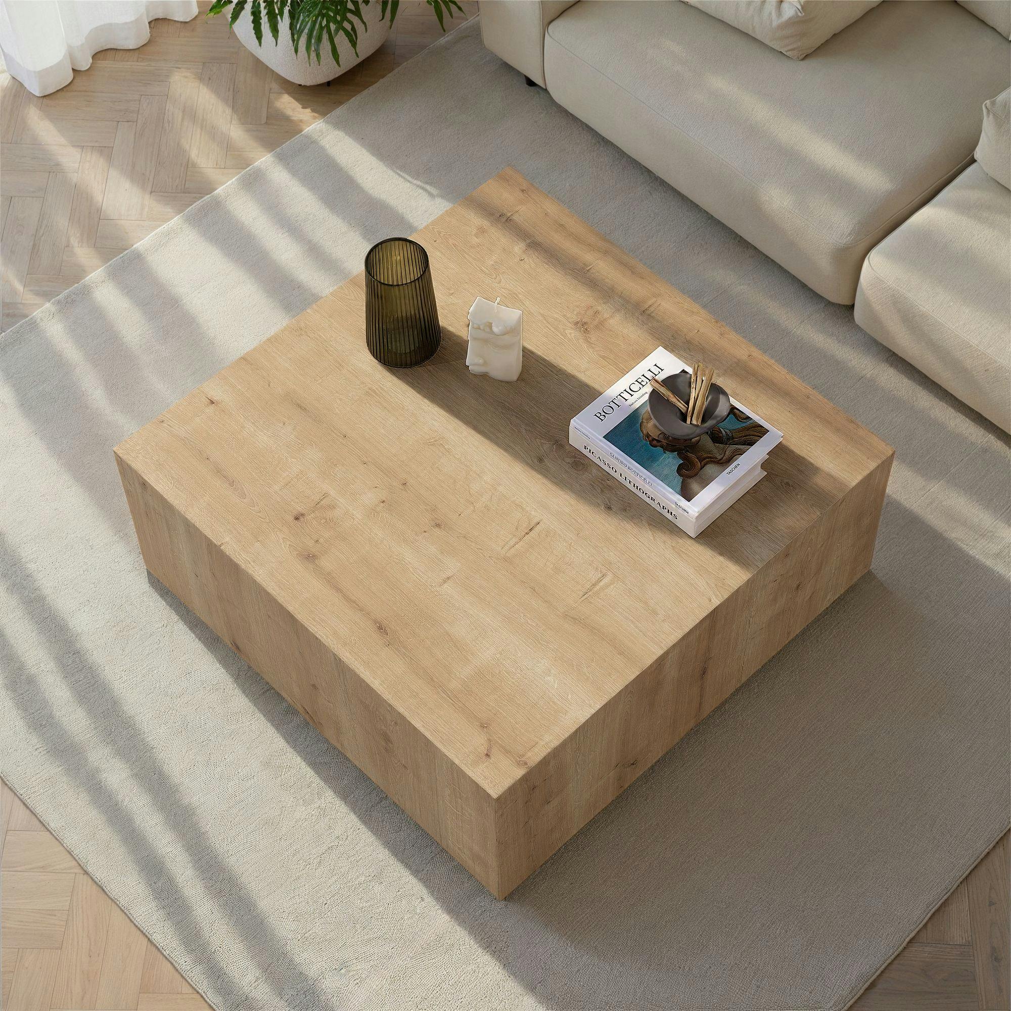 Table basse carrée effet bois clair roulettes invisibles MARFA
