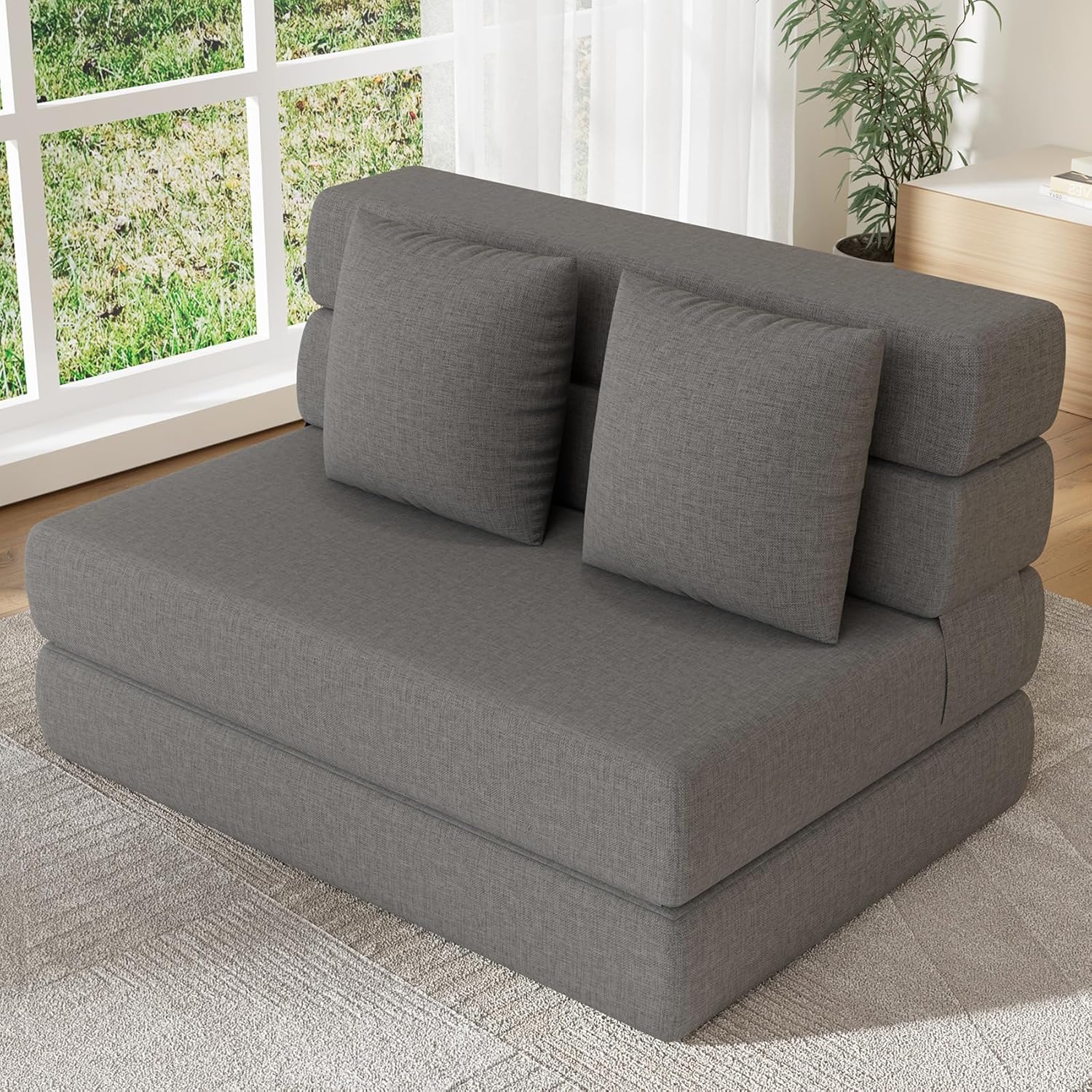 Folding Sofa Bed, Convertible Sleeper Chair & Couch Bed with Pillow, One-Piece High-Density Sponge Mattress, Multi-Purpose Floor Sofa for Living Room, Office, Dorm, Apartment, Grey, Single
