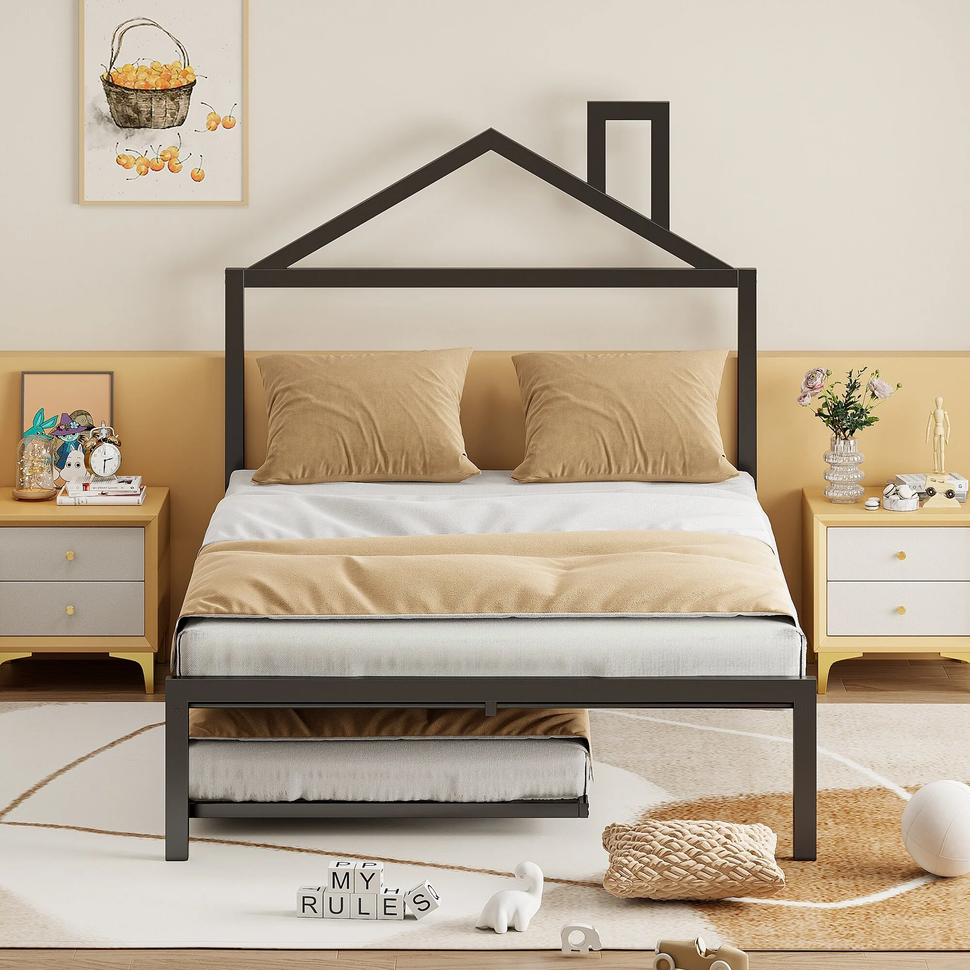 Twin Metal Platform Bed with House Design and Trundle, Ideal for Kids' Rooms