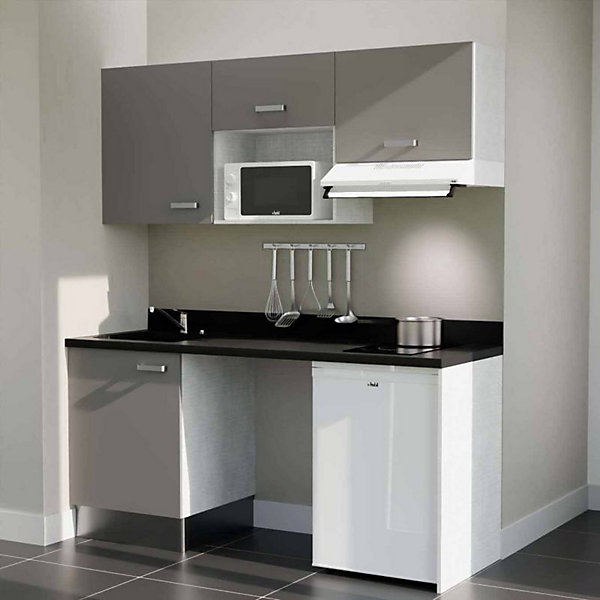 Kitchenette K55 - 180 cm - façades Gris - Plan monobloc en quartz coloris Nero évier à gauche - Electroménager Blanc