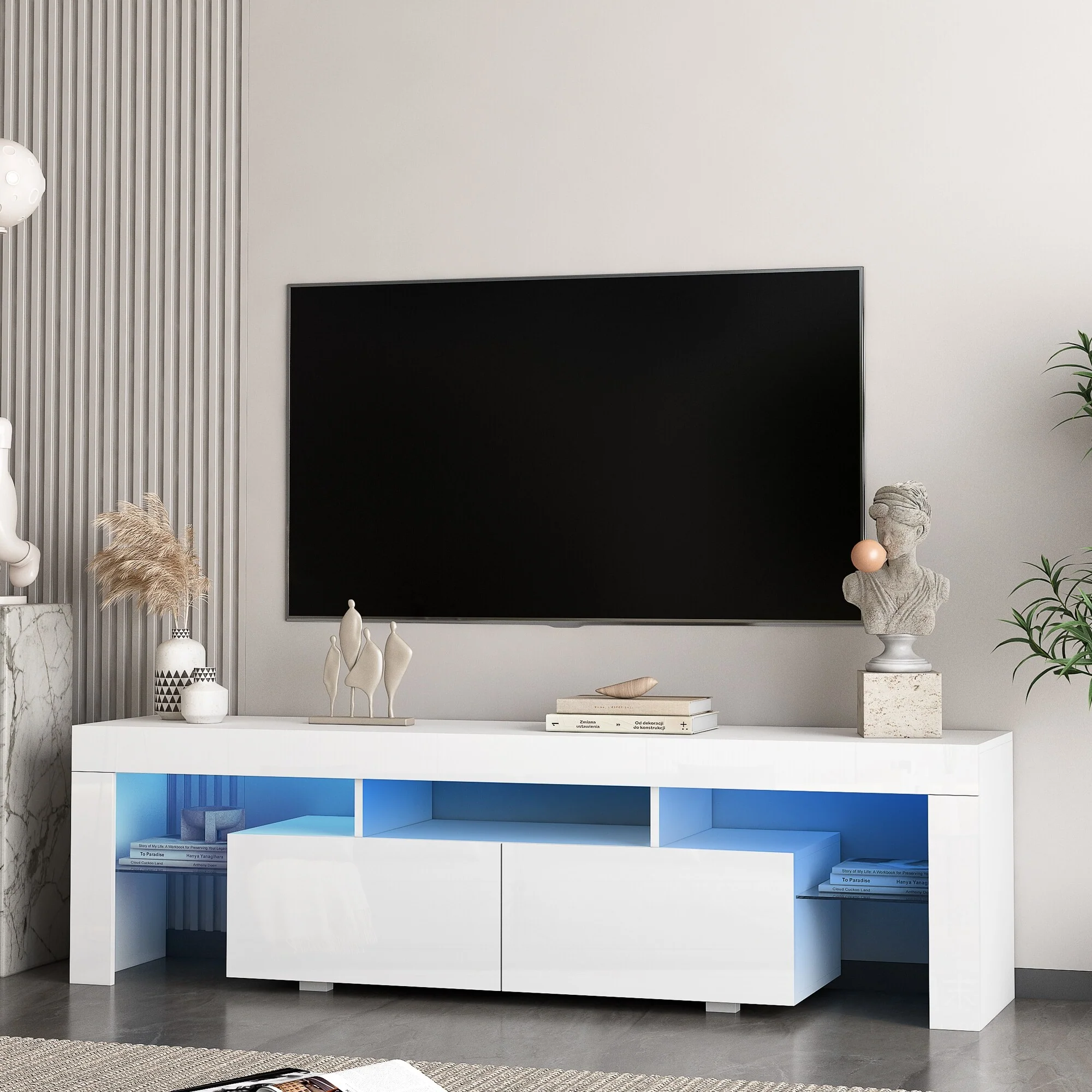 White 63 TV Stand with LED Lights & Storage for TVs Up to 65