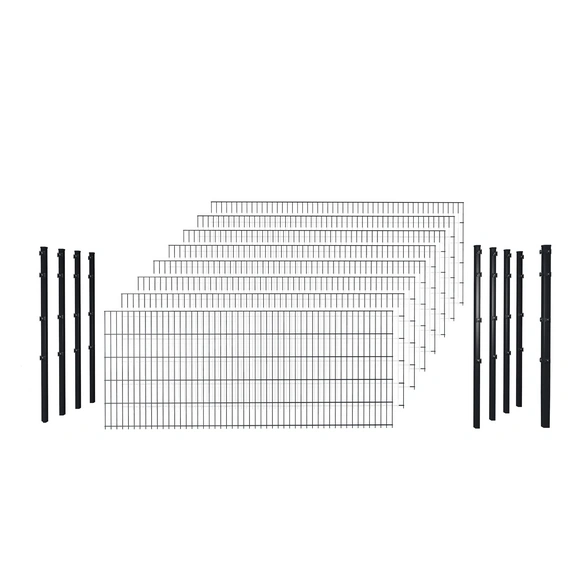Doppelstabmattenzaun, anthrazit, 8/6/8 mm, Komplett-Set à 10 m, inkl. Pfosten, Klemmhalter