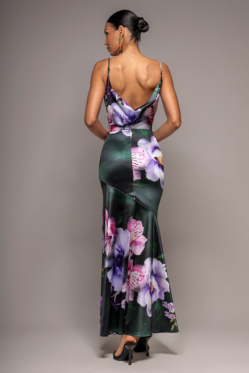 Goddiva Floral Print Satin Cowl Neck Maxi Dress