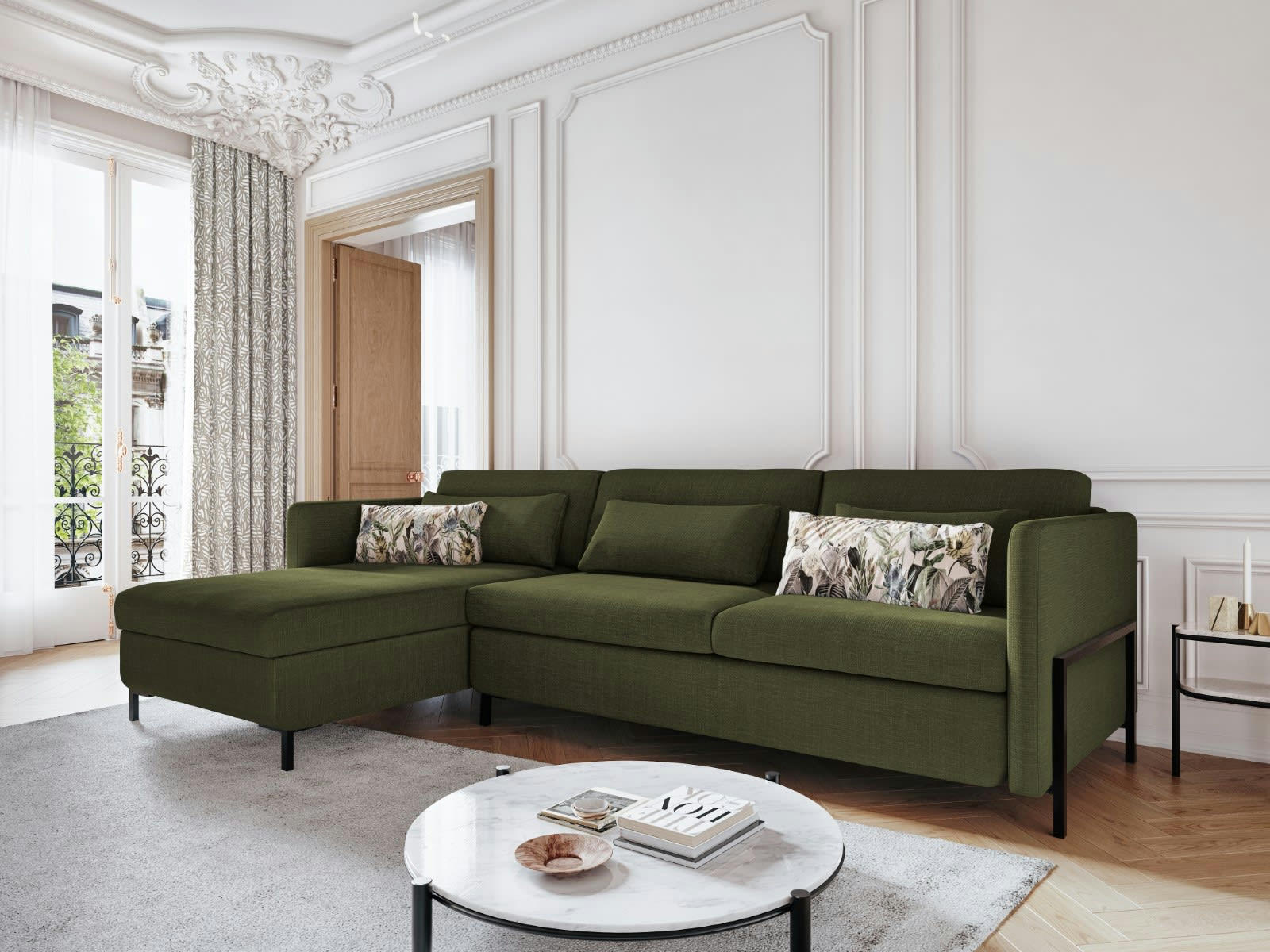 YANIS - Canapé D'Angle Gauche Conv. Coffre 4 places en Tissu Structurel Vert