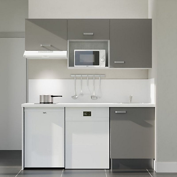 Kitchenette K55 - 180 cm - Façades : Gris - Plan de travail : Blanc - Crédences : Oui - Evier