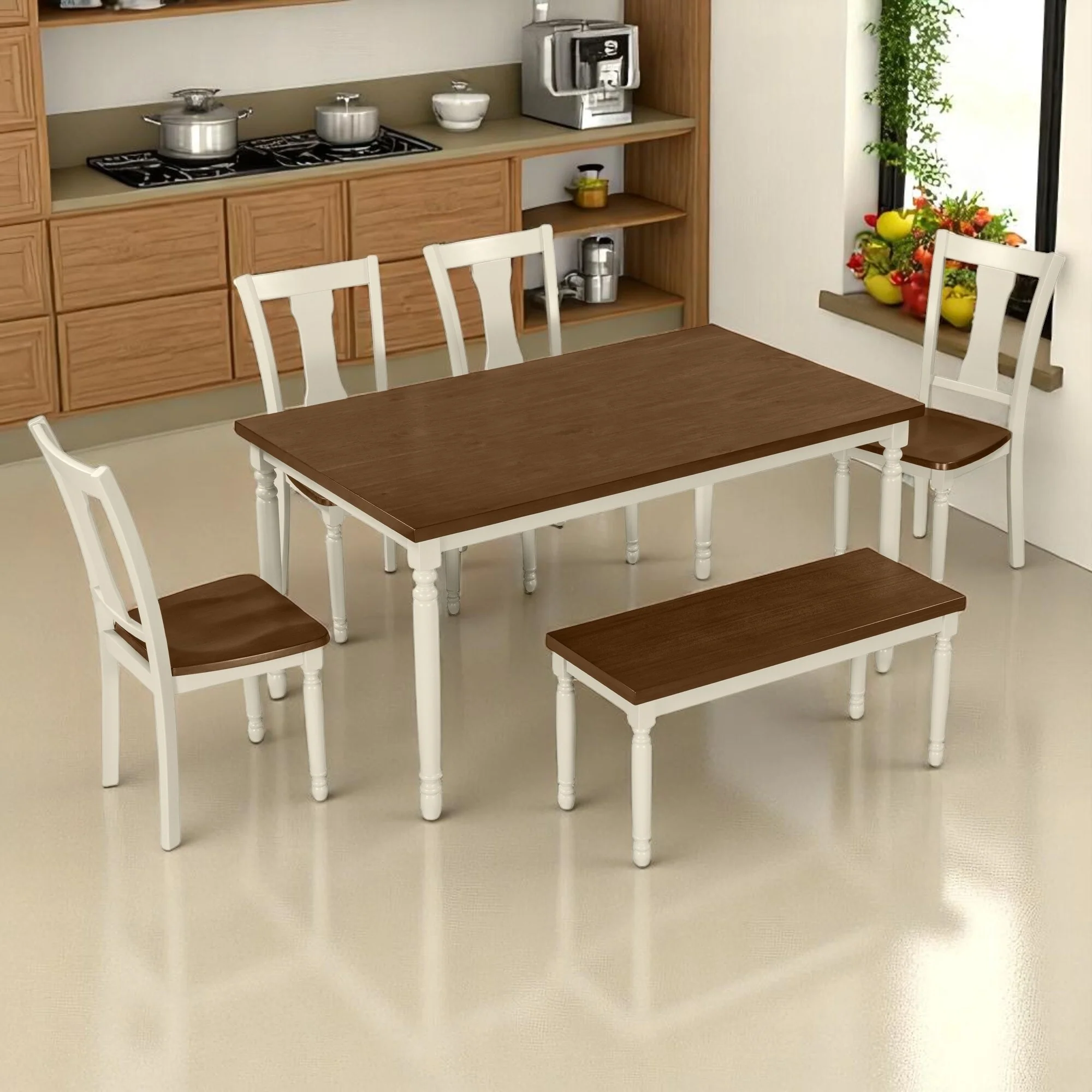 6-Piece Dining Set for 6, Wooden Table with 4 Chairs & Bench, Rustic Farmhouse Style for Kitchen and Dining Room