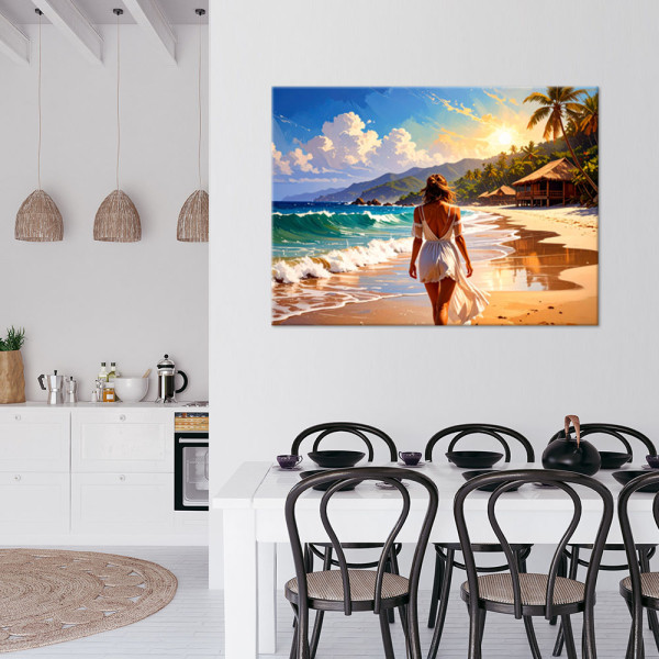 Obraz do salonu sypialni, Kobieta Plaża Morze Palmy 30x20