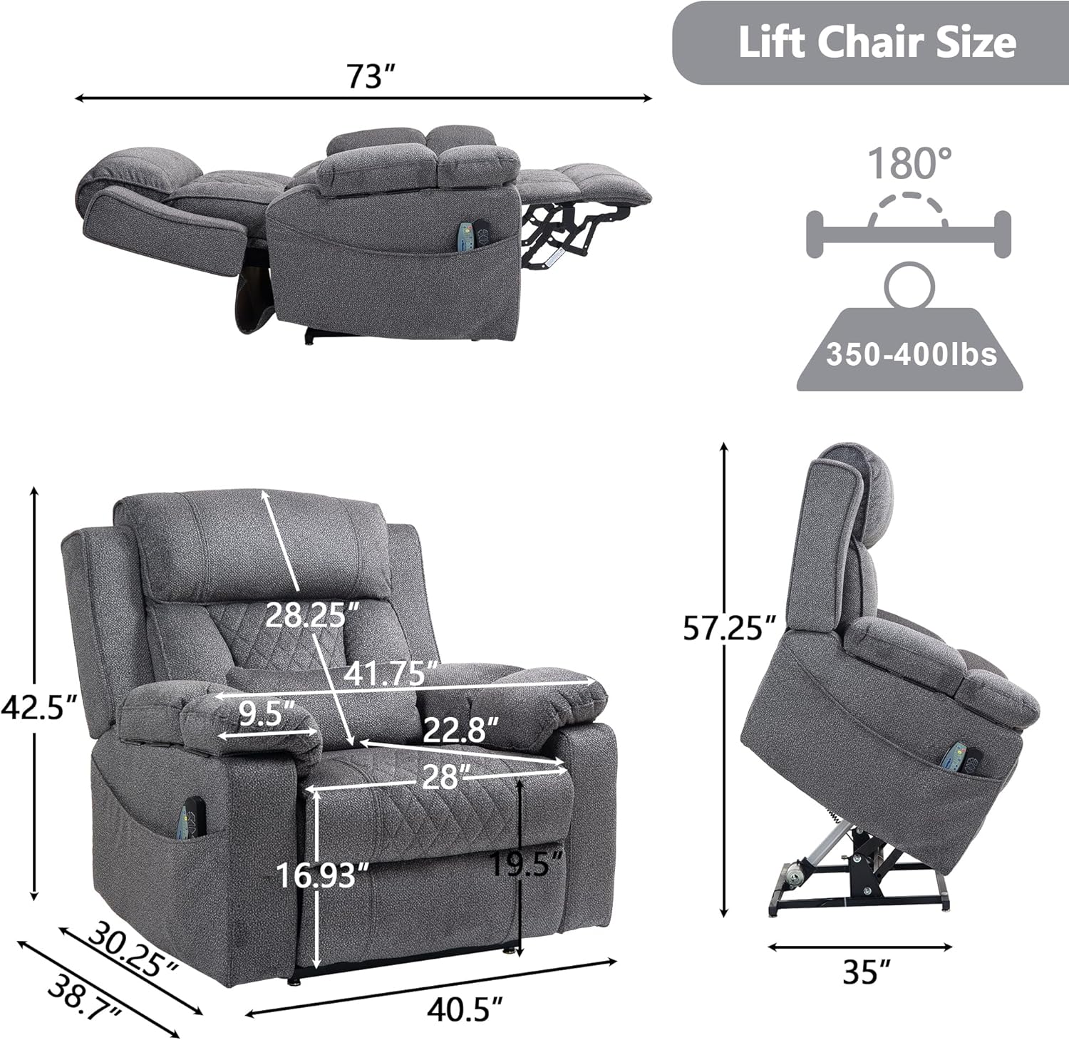 Big Man Power Lay Flat Lift Chair Oversized Recliner Dual Motor Heat Vibration for Elderly, Overstuffed Electric 28 Extra Wide Recliners with Flip Arm Storage Cup Holders,USB Type C Charging