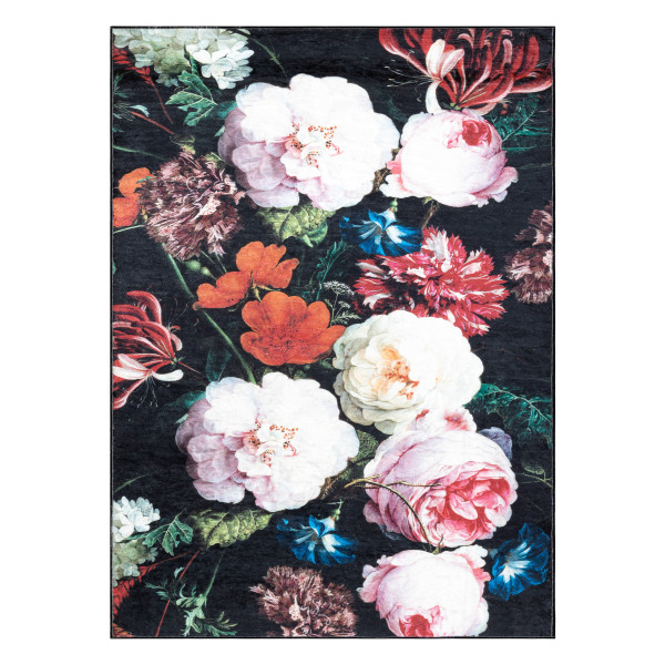Dywan do prania ANDRE 1629 Kwiaty antypoślizgowy - czarny / 80x150 cm