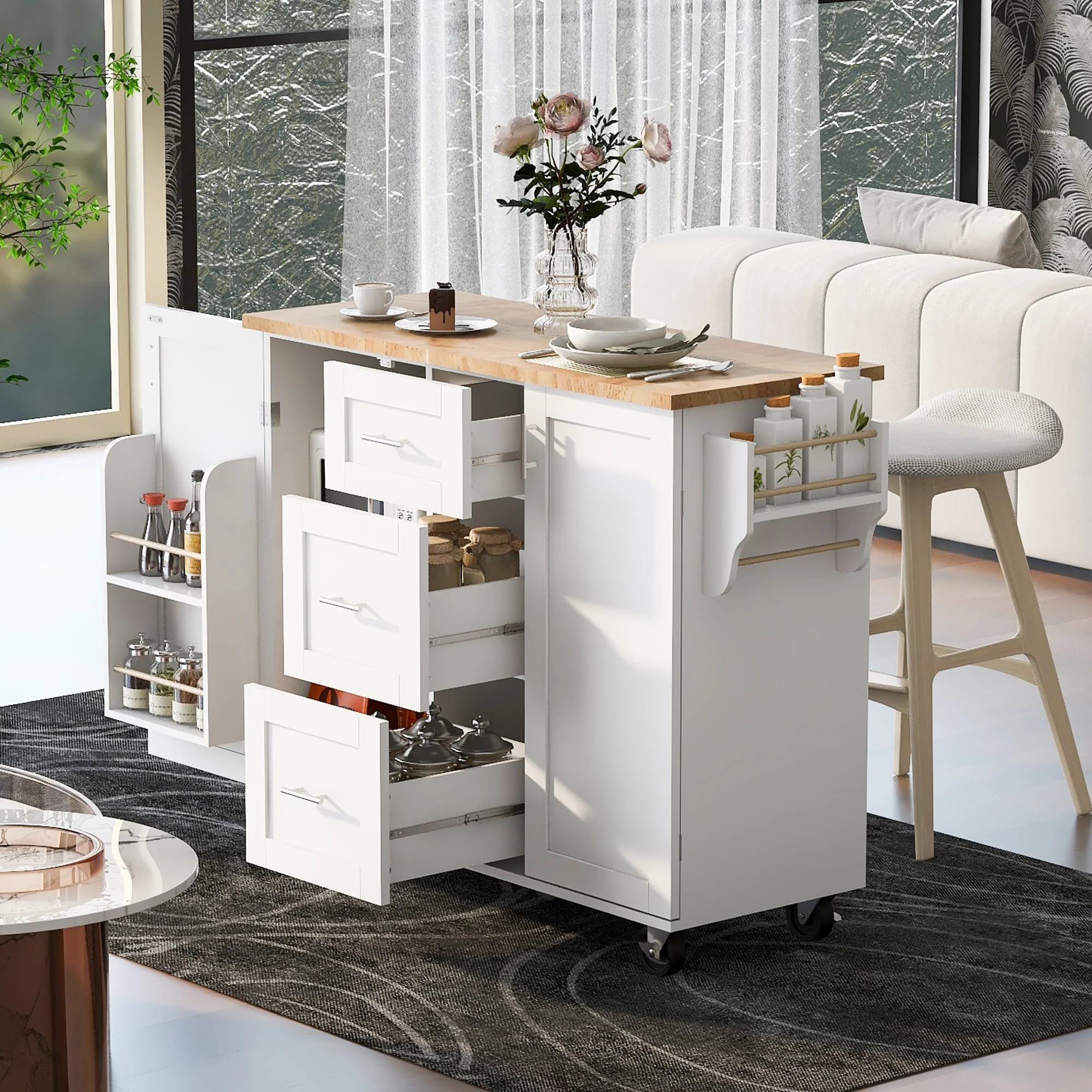 Kitchen Island with 2 Slide-Out Shelf and Internal Storage Rack