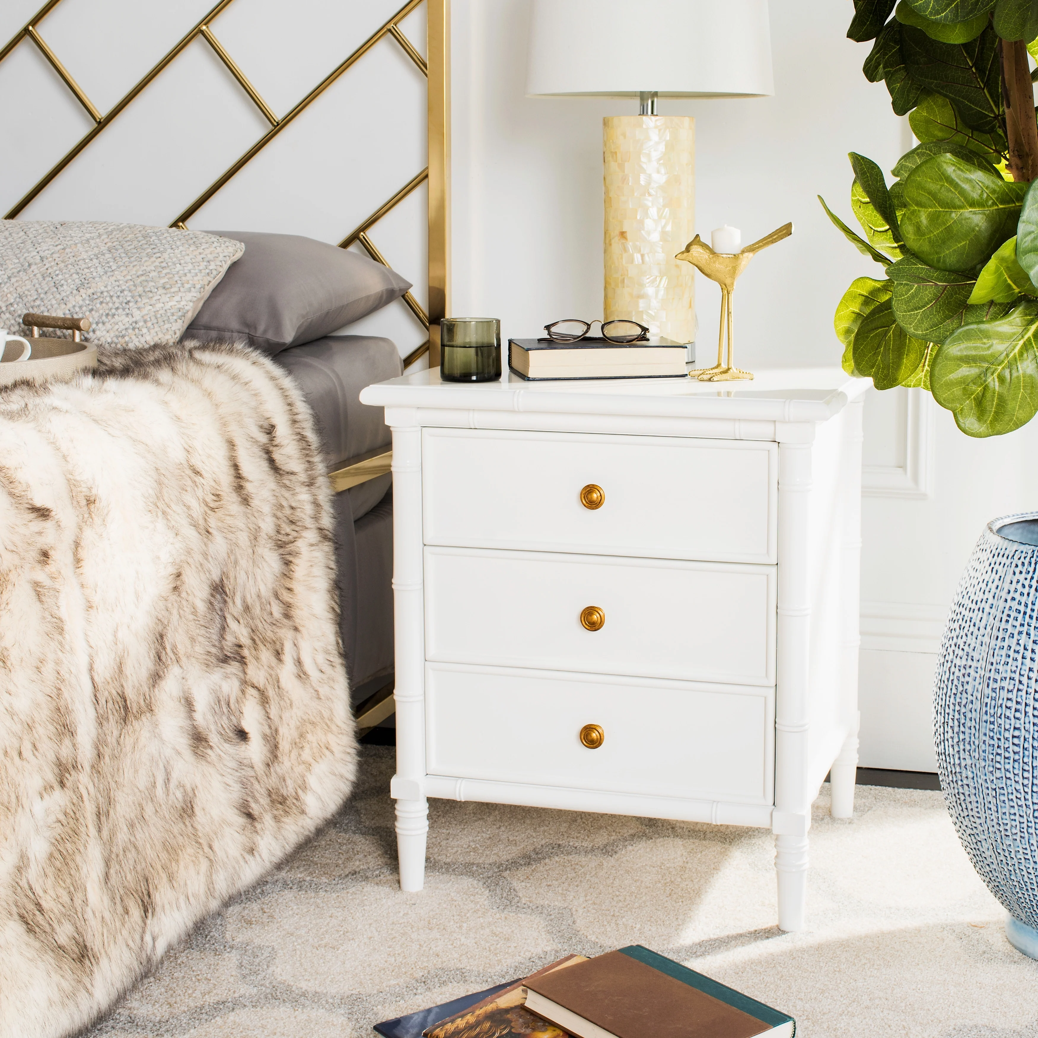 SAFAVIEH Jasmyne Modern Coastal 3-Drawer Navy Bamboo Nightstand