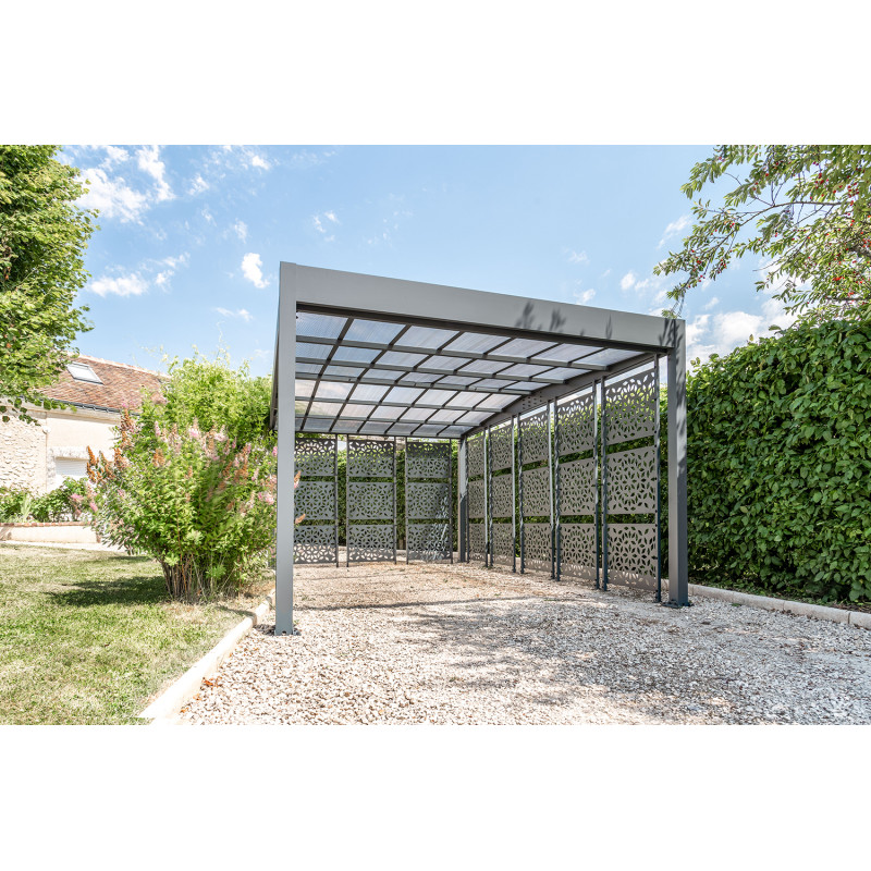 Carport en aluminium Libeccio gris anthracite avec 8 claustras 16,6 m²
