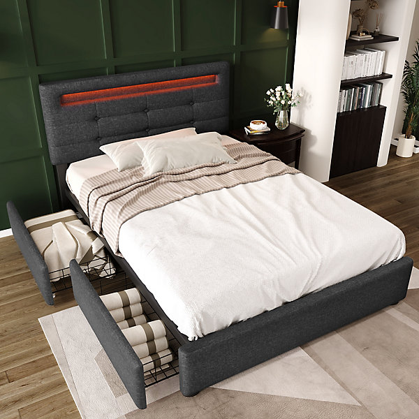 Lit avec rangement 90x200 cm - Lit simple capitonné avec LED et 2 tiroirs - Bois massif   Lin   Métal - Sans Matelas - Gris