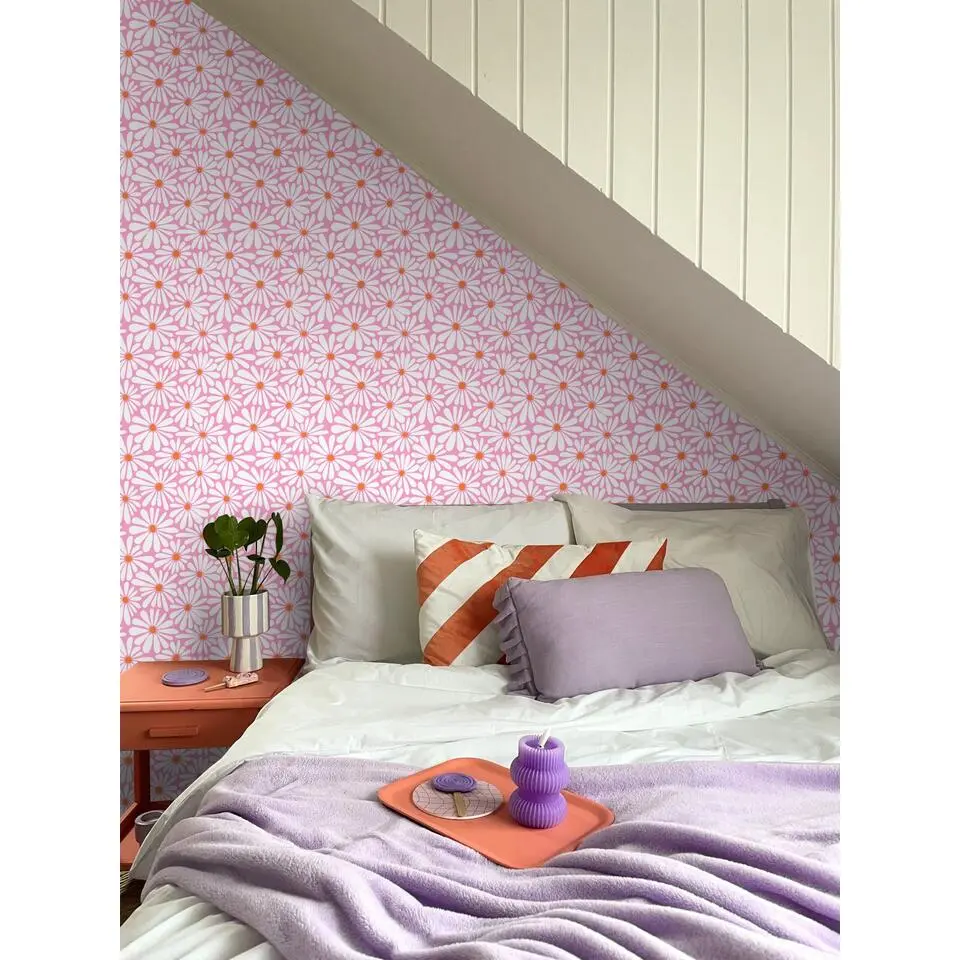 ESTAhome behang madeliefjes roze, wit en oranje - 50 x 900 cm