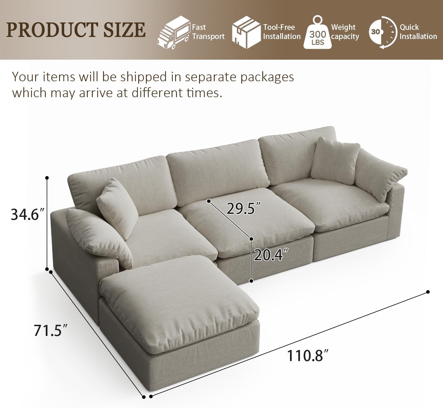 Modular Sectional Sofa Cloud Couch,Down Filled Comfy Cloud Modern Sofa,Light Beige Linen L Shape Oversized Couch Cushion Covers Removable Furniture for Living Room