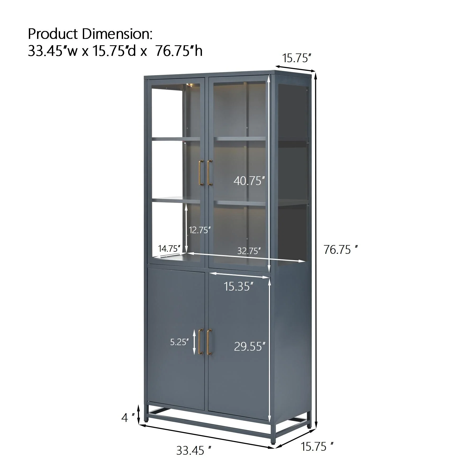 76.75'' Tall Display Cabinet with Double Glass Doors and LED Lights Steel Curio Cabinet