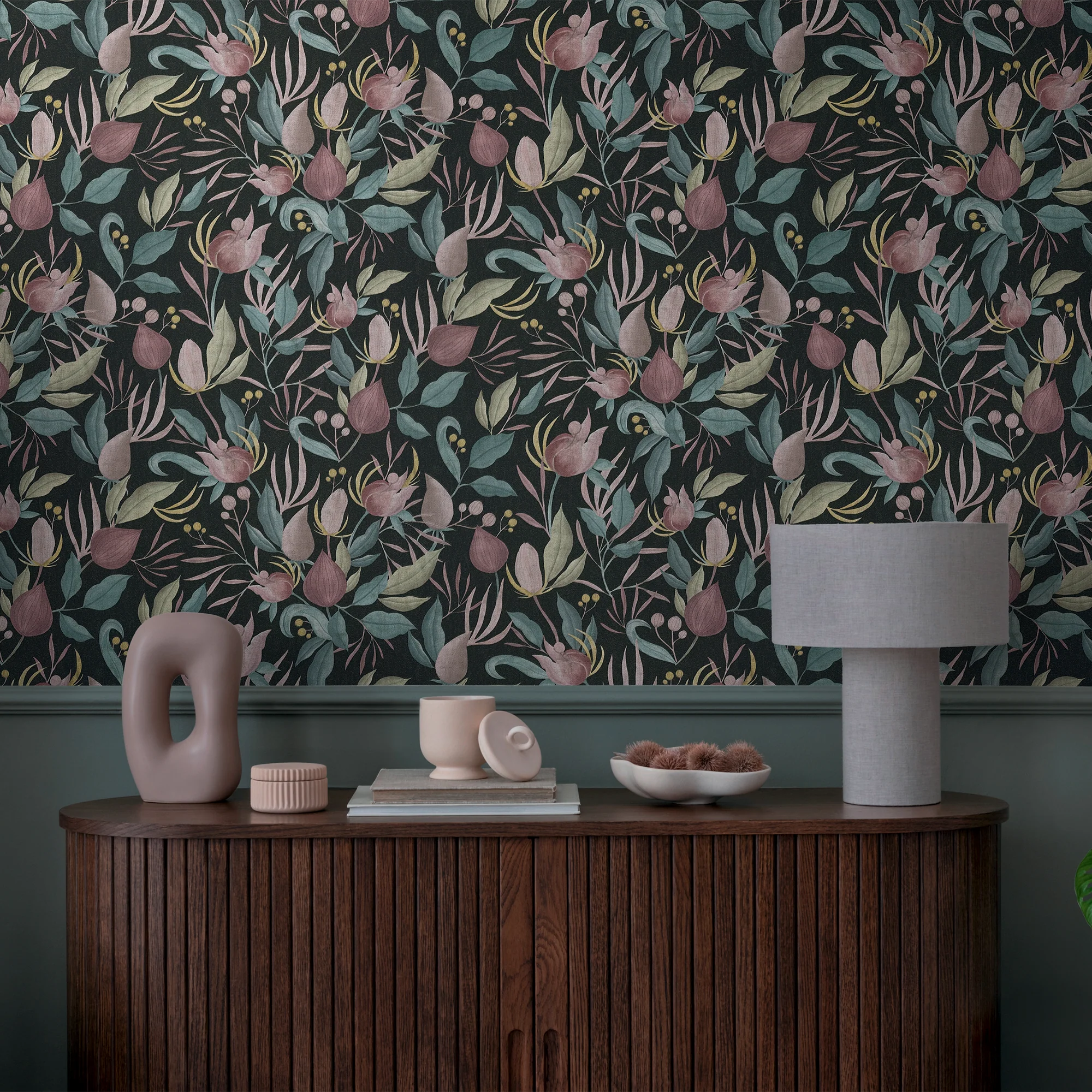 CosmoLiving Papier peint intissé STILL BLOOM noir et rose parme