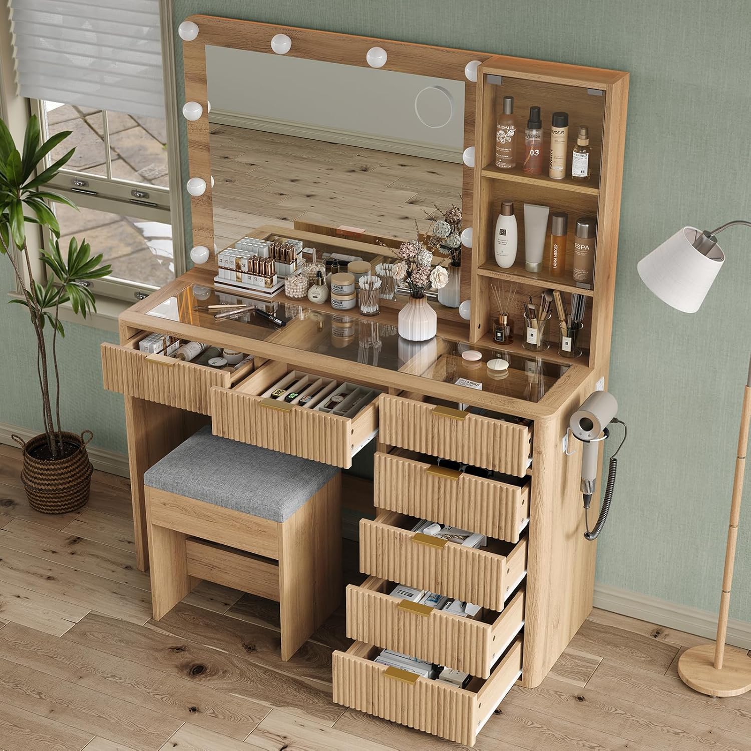 47 Fluted Vanity Desk with Mirror & LED Lights, 7-Drawer Makeup Vanity with Glass Top & Cabinet, Vanity with Chair & Charging Station, 3 Lighting Modes, for Bedroom, Natural Oak