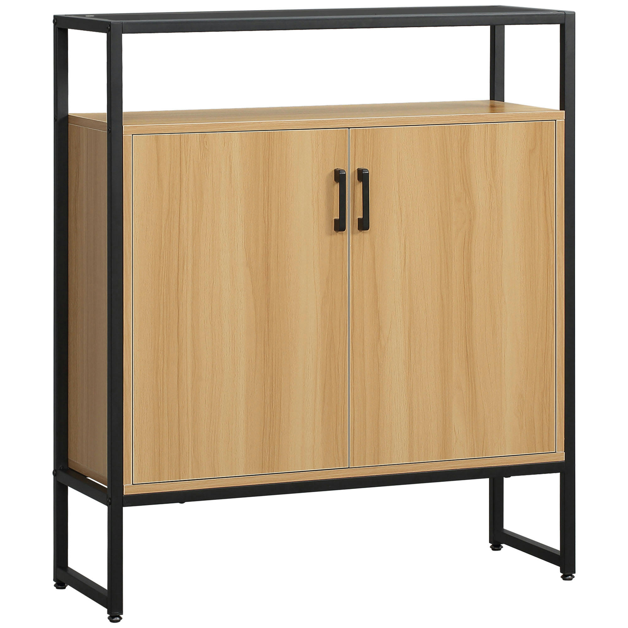 - Buffet 2 portes étagères verre trempé fumé métal noir aspect bois