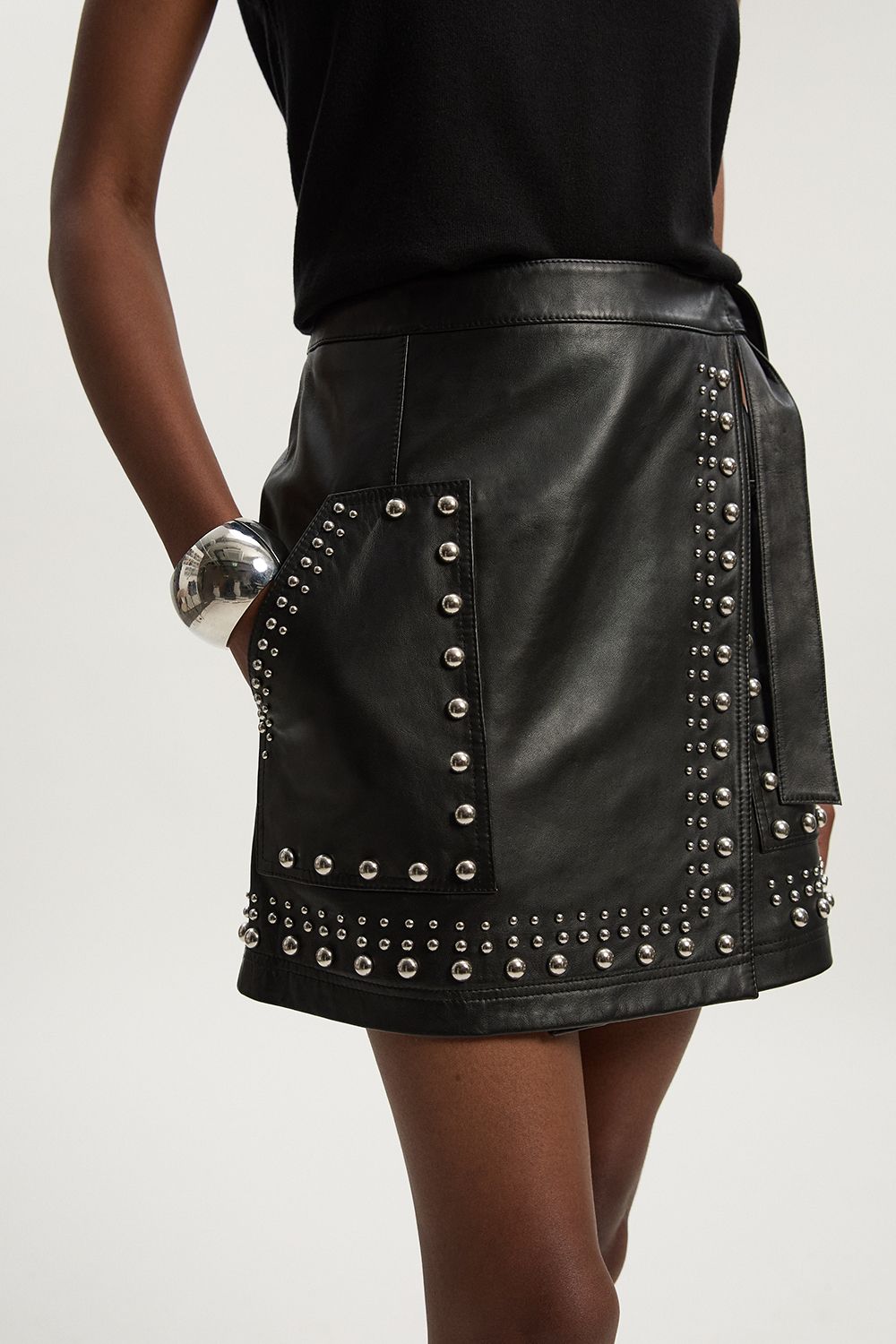 KarenMillen Studded Leather Wrap Mini Skirt