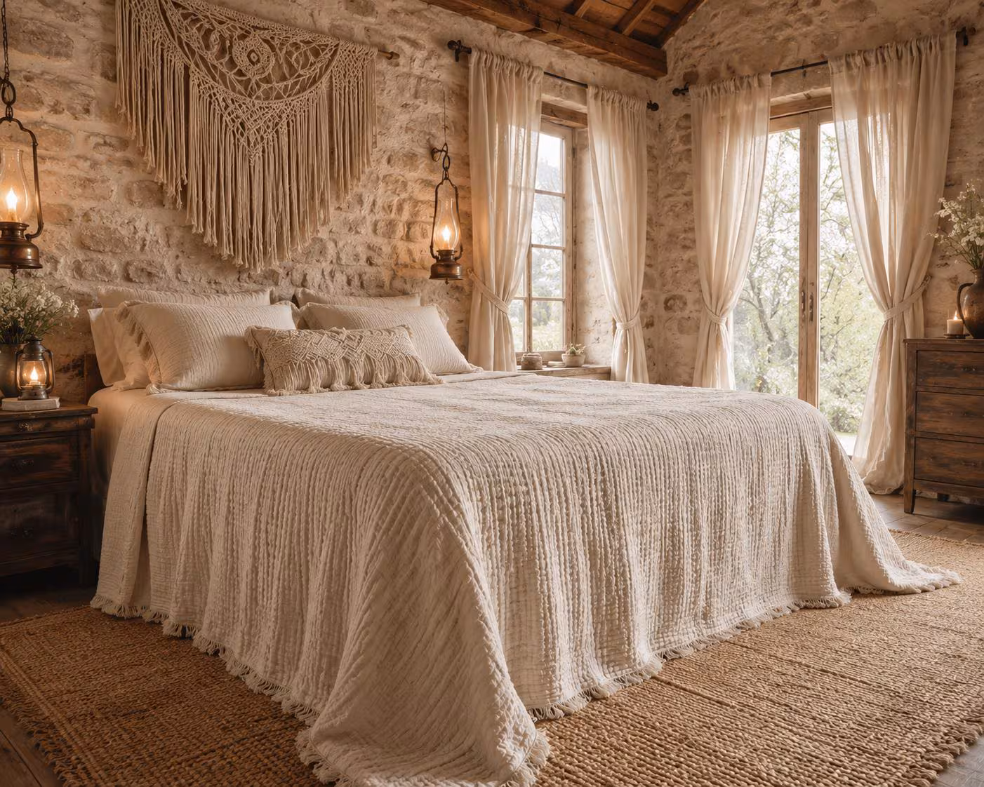 Organic Turkish Cotton Muslin Blanket, 4-Layer Double Gauze, Lightweight Boho Bed Cover