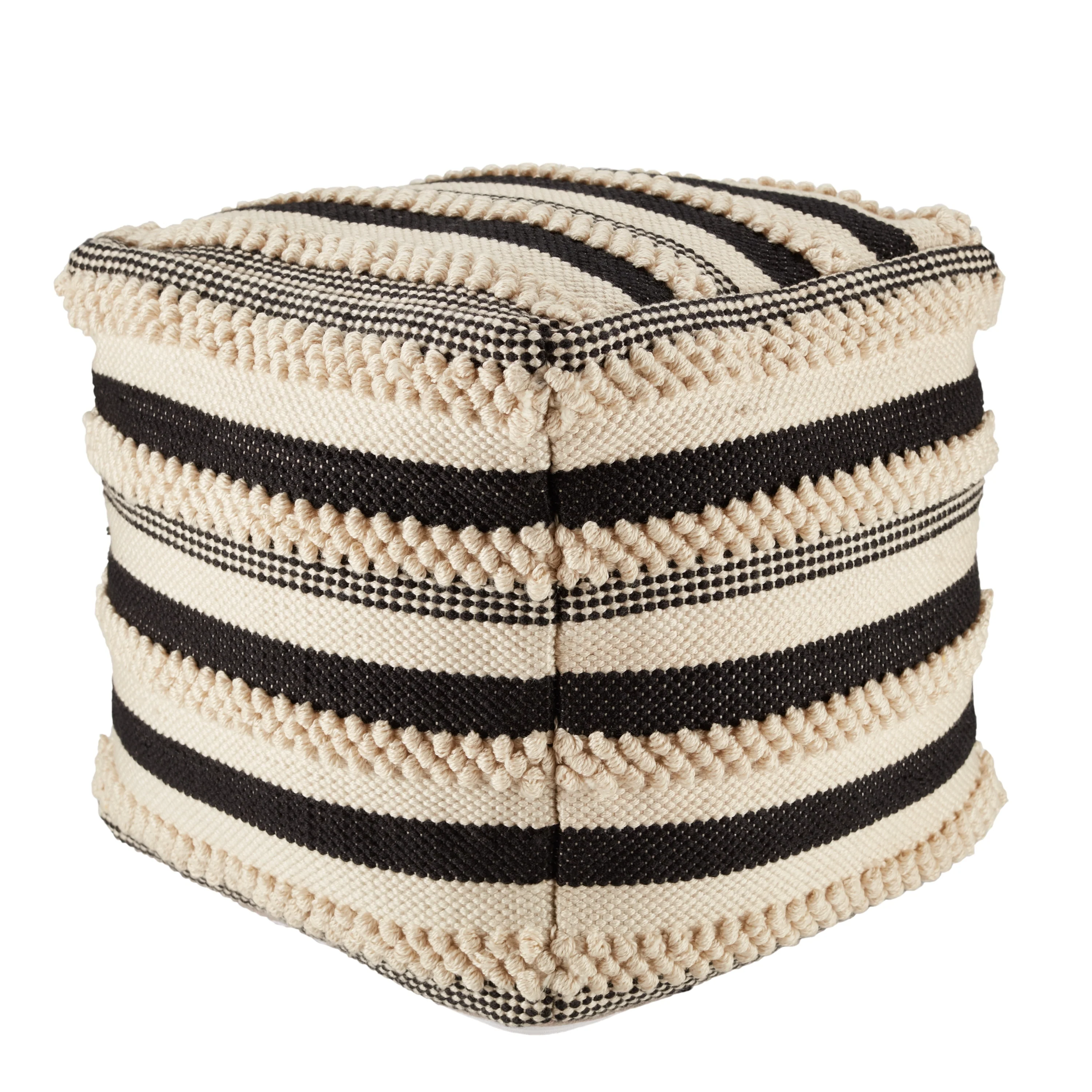 Morwena Indoor/ Outdoor Striped Black/ Cream Pouf/ Floor Pillow - 16X16X16